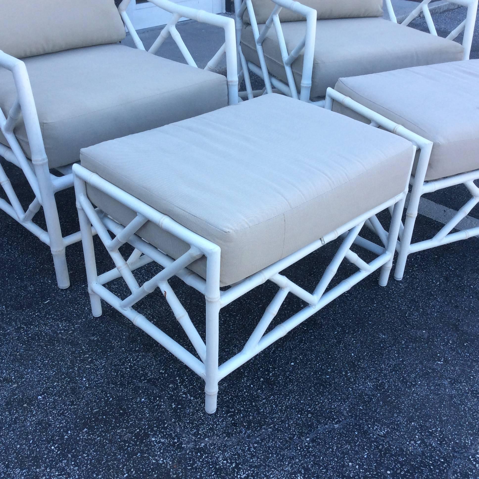 Chinese Chippendale Pair Faux Bamboo Metal Patio Lounge Armchairs and