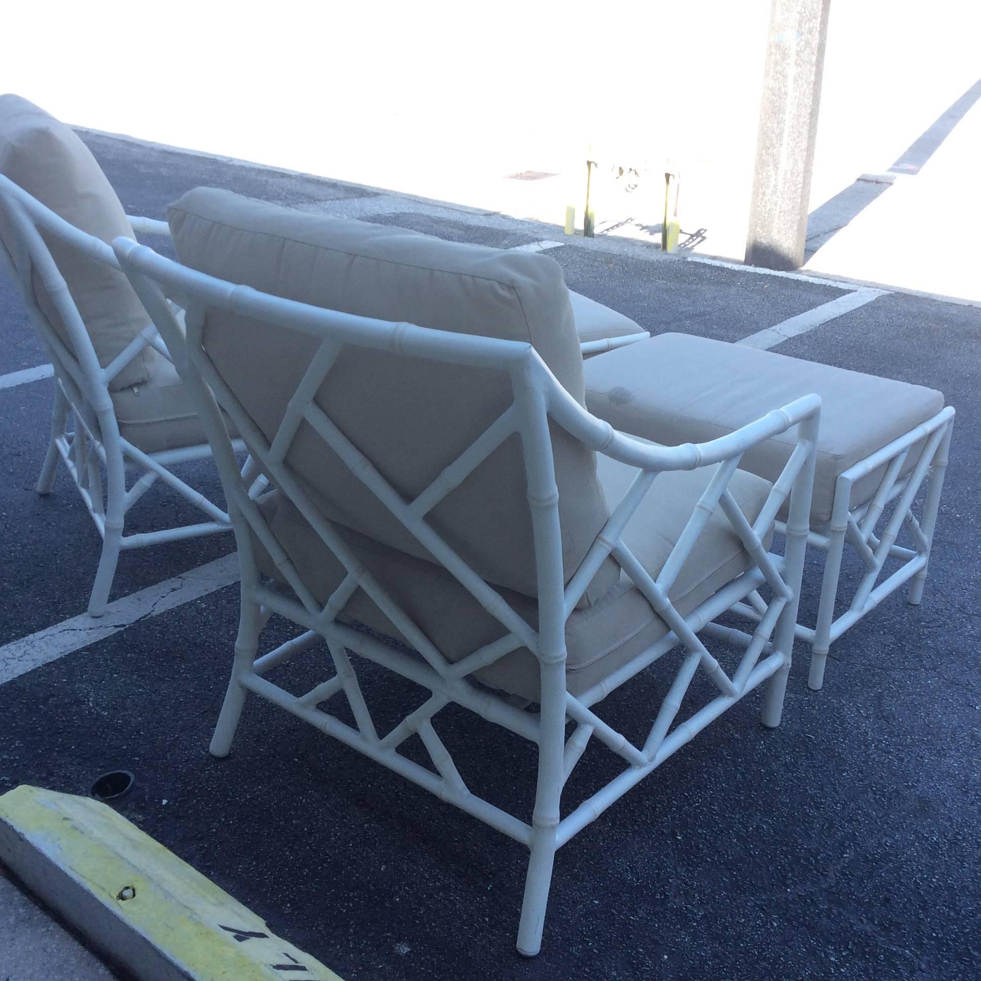 Chinese Chippendale Pair Faux Bamboo Metal Patio Lounge Armchairs and