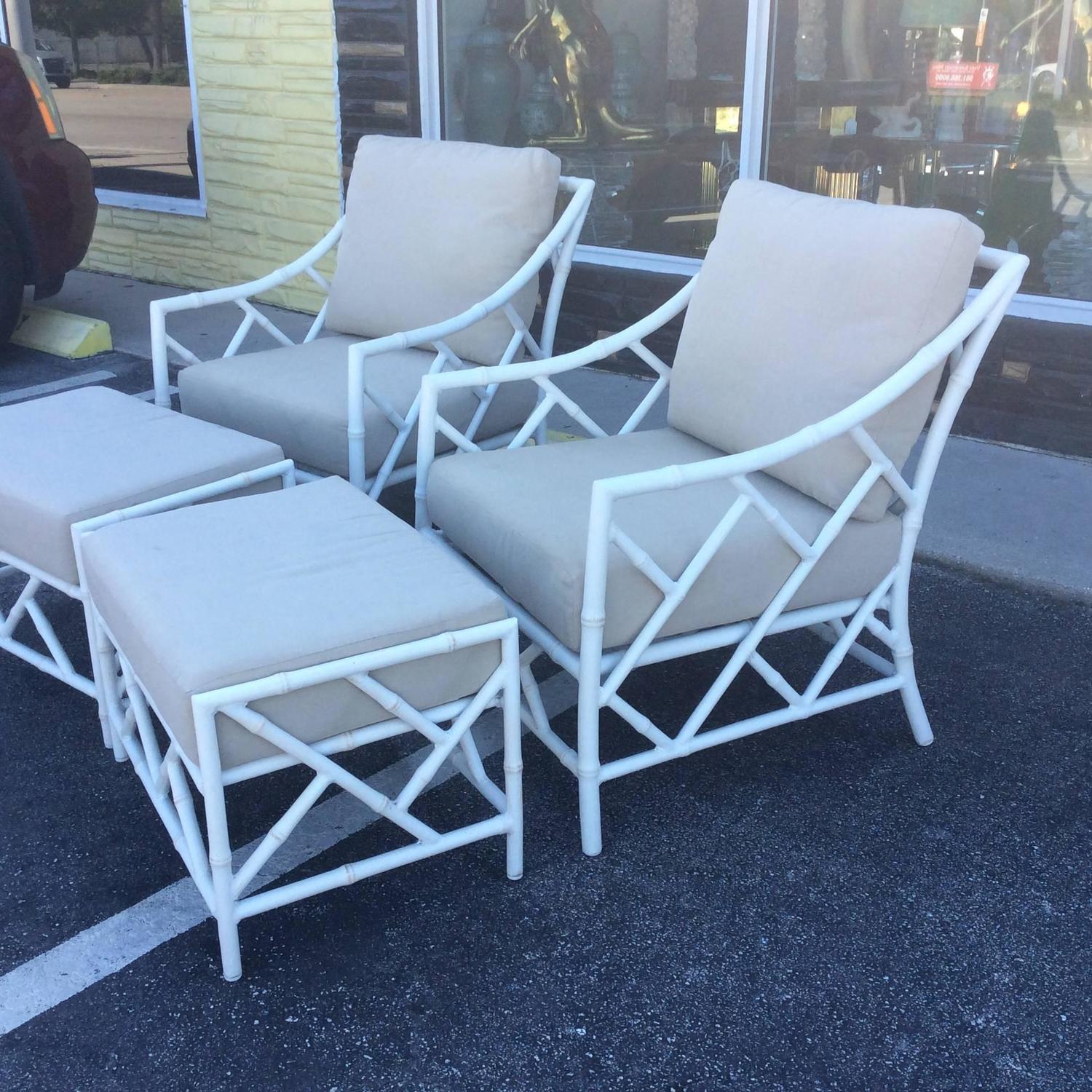 Chinese Chippendale Pair Faux Bamboo Metal Patio Lounge Armchairs and