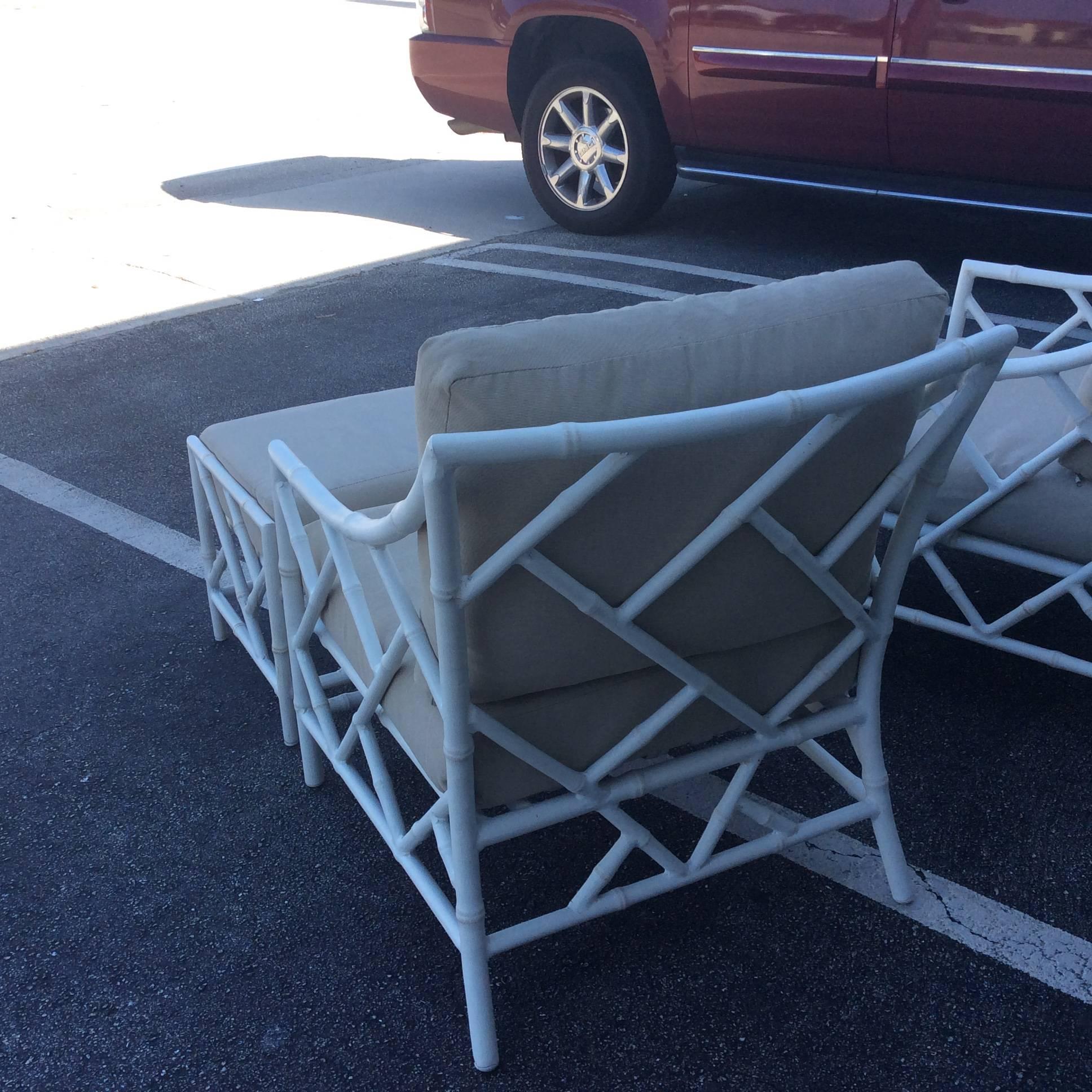 Chinese Chippendale Pair Faux Bamboo Metal Patio Lounge Armchairs and