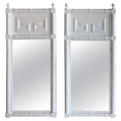 Vintage Pair Wood Faux Bamboo Greek Key White Newly Lacquered Wall Mirrors