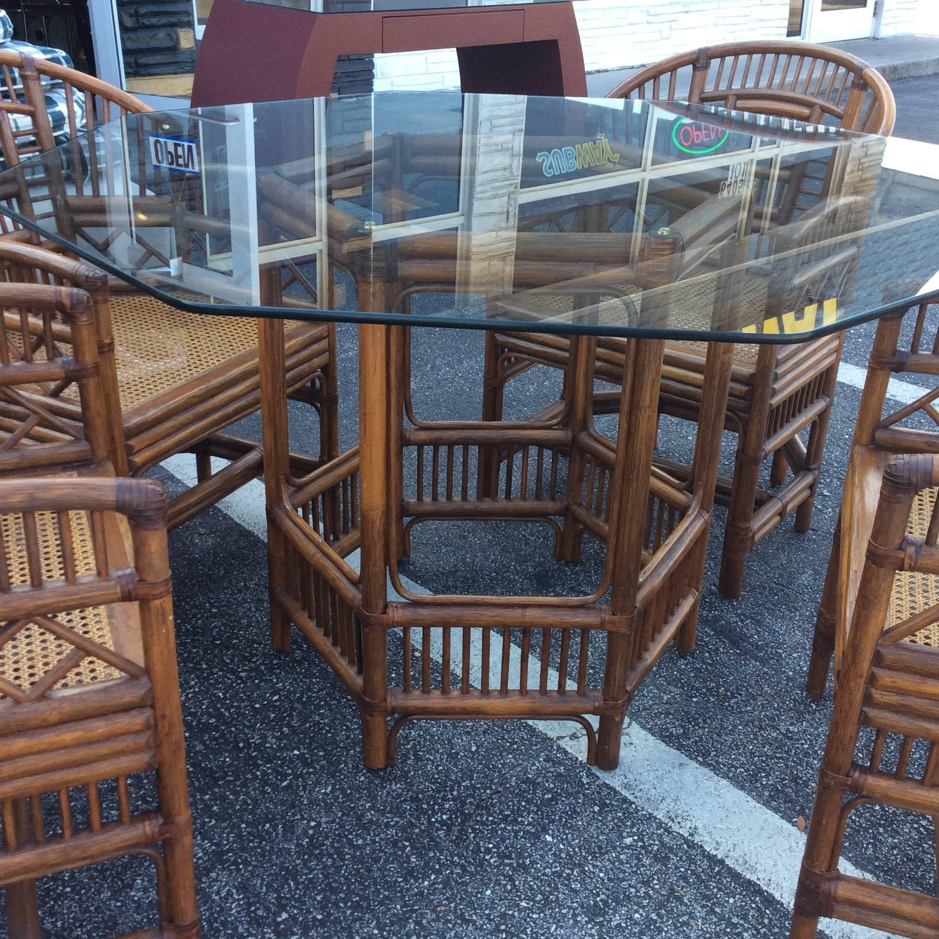 Hollywood Regency Brighton Style Rattan Dining Set Game Table Chinese Chippendale Four Chairs