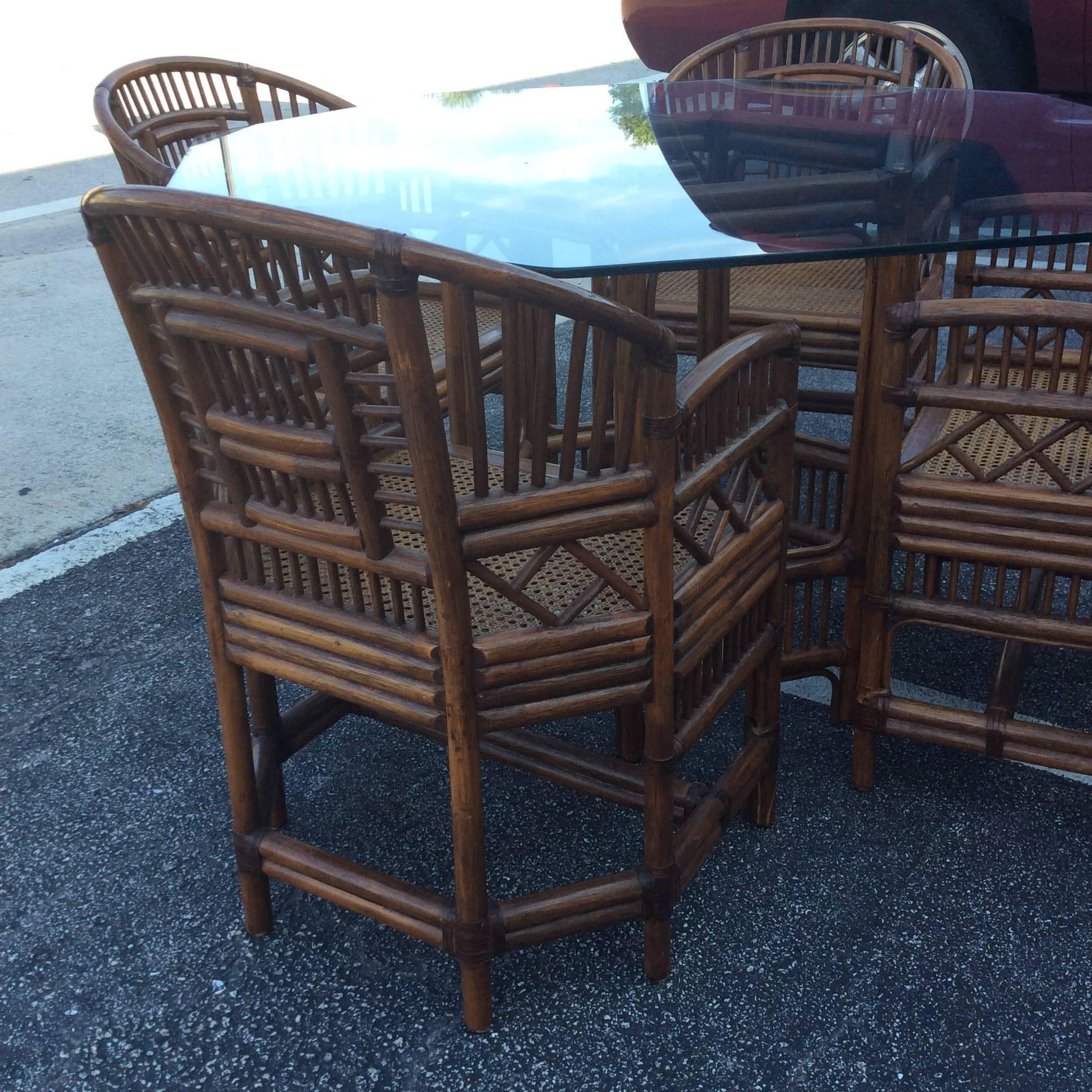 20th Century Brighton Style Rattan Dining Set Game Table Chinese Chippendale Four Chairs