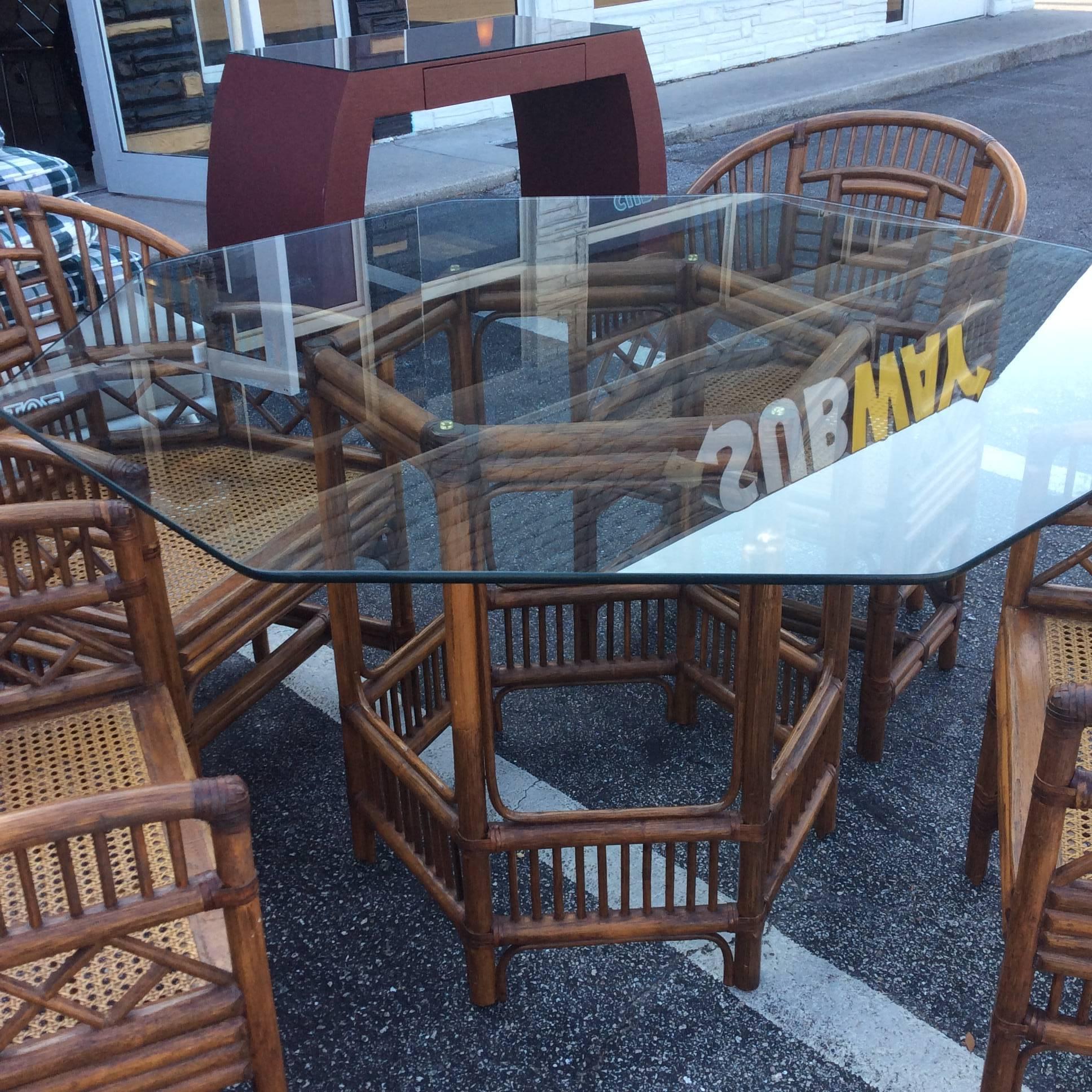 Brighton Style Rattan Dining Set Game Table Chinese Chippendale Four Chairs 2