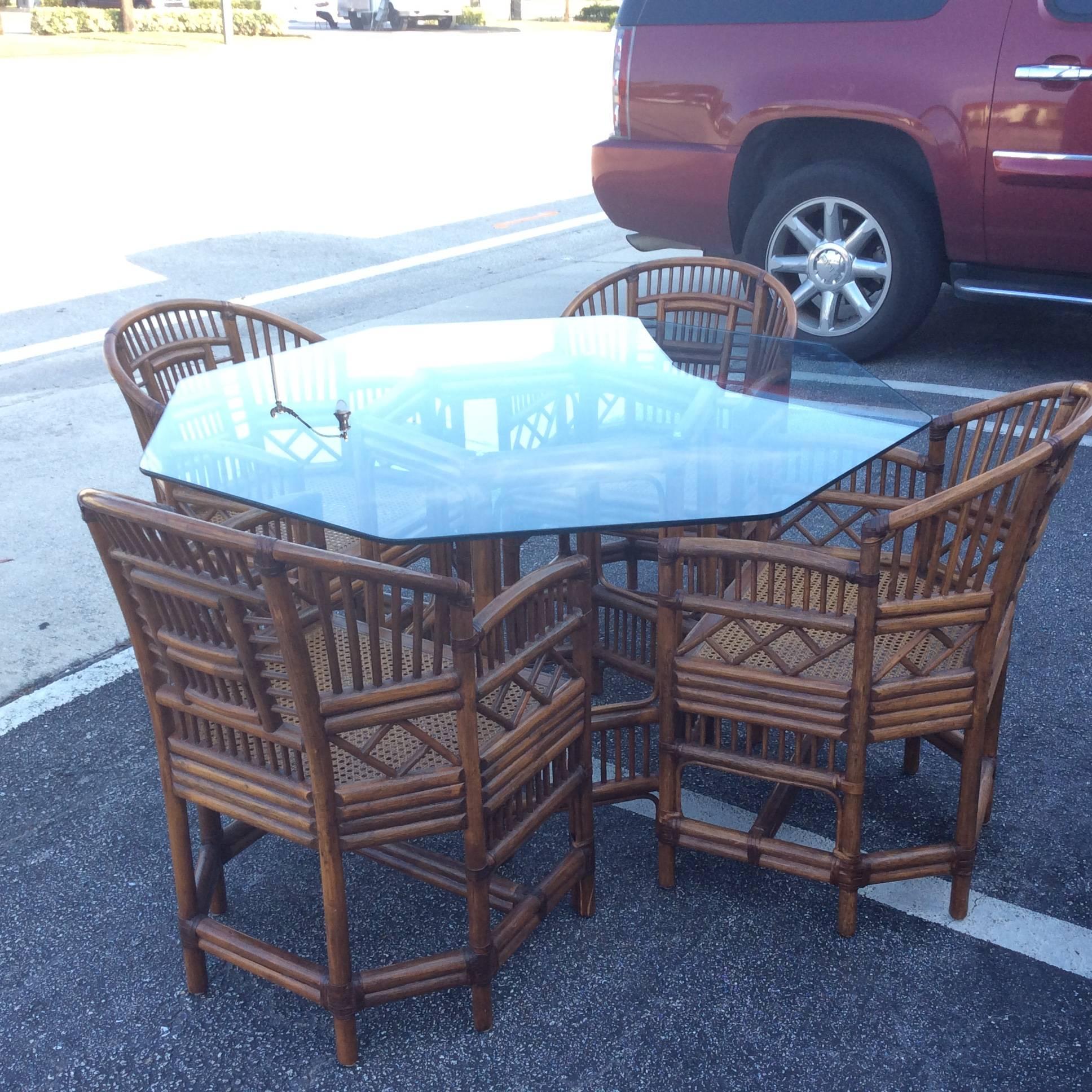 American Brighton Style Rattan Dining Set Game Table Chinese Chippendale Four Chairs