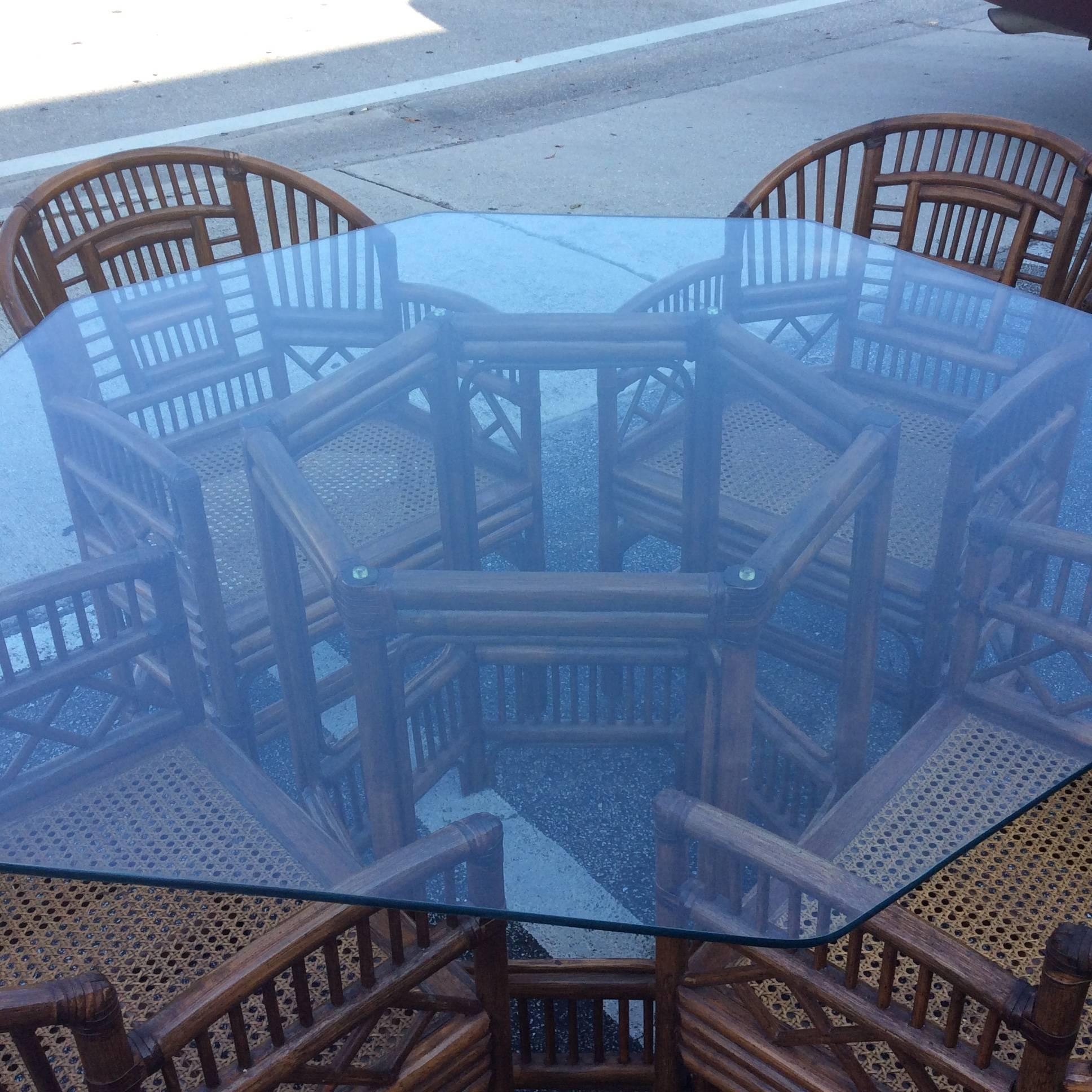 Brighton Style Rattan Dining Set Game Table Chinese Chippendale Four Chairs In Good Condition In West Palm Beach, FL