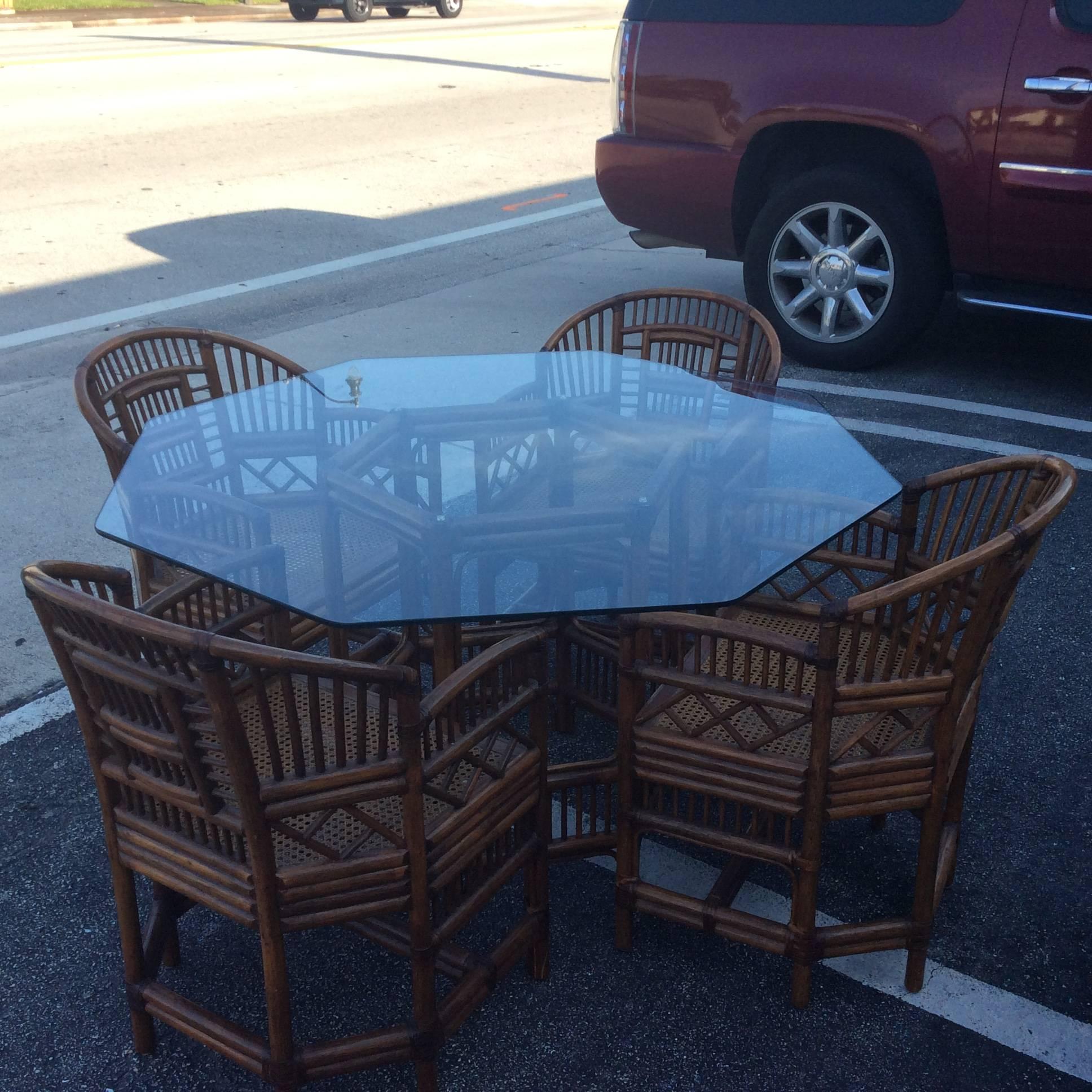 Cane Brighton Style Rattan Dining Set Game Table Chinese Chippendale Four Chairs