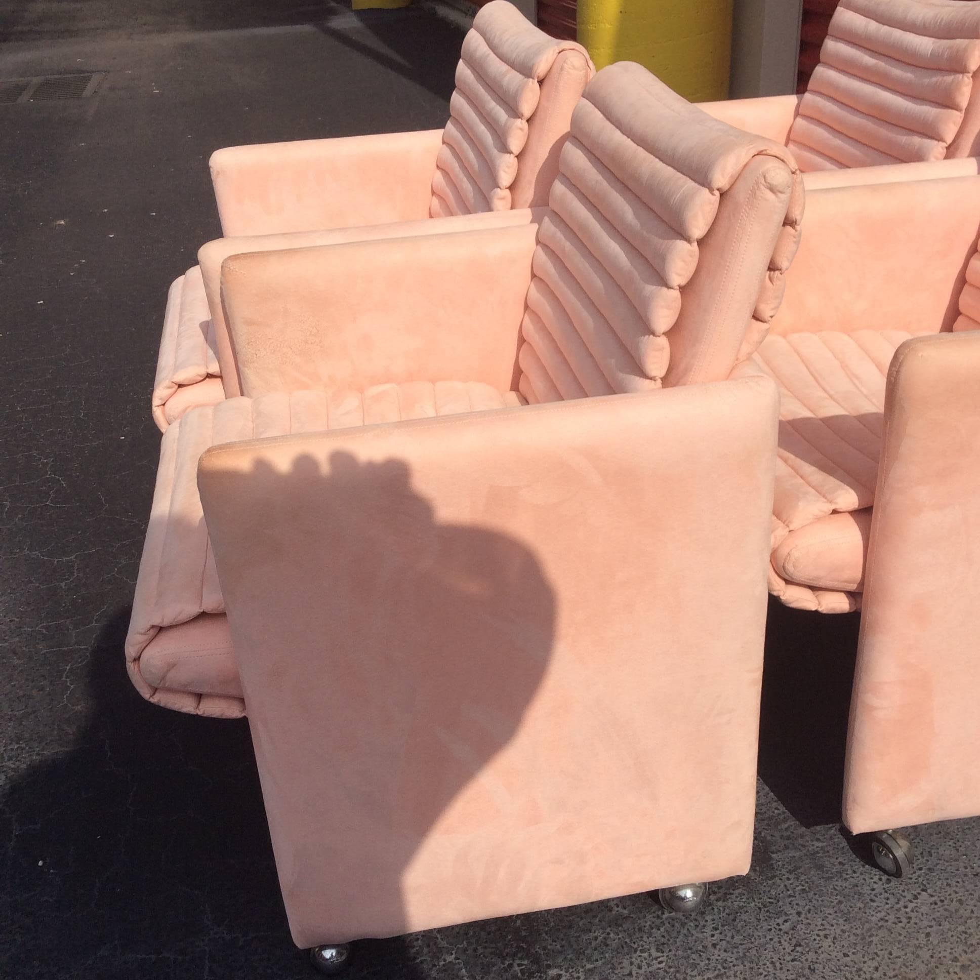 Hollywood Regency Milo Baughman Arm Chairs by Preview Vintage Set of Four Lounge Castors Pink