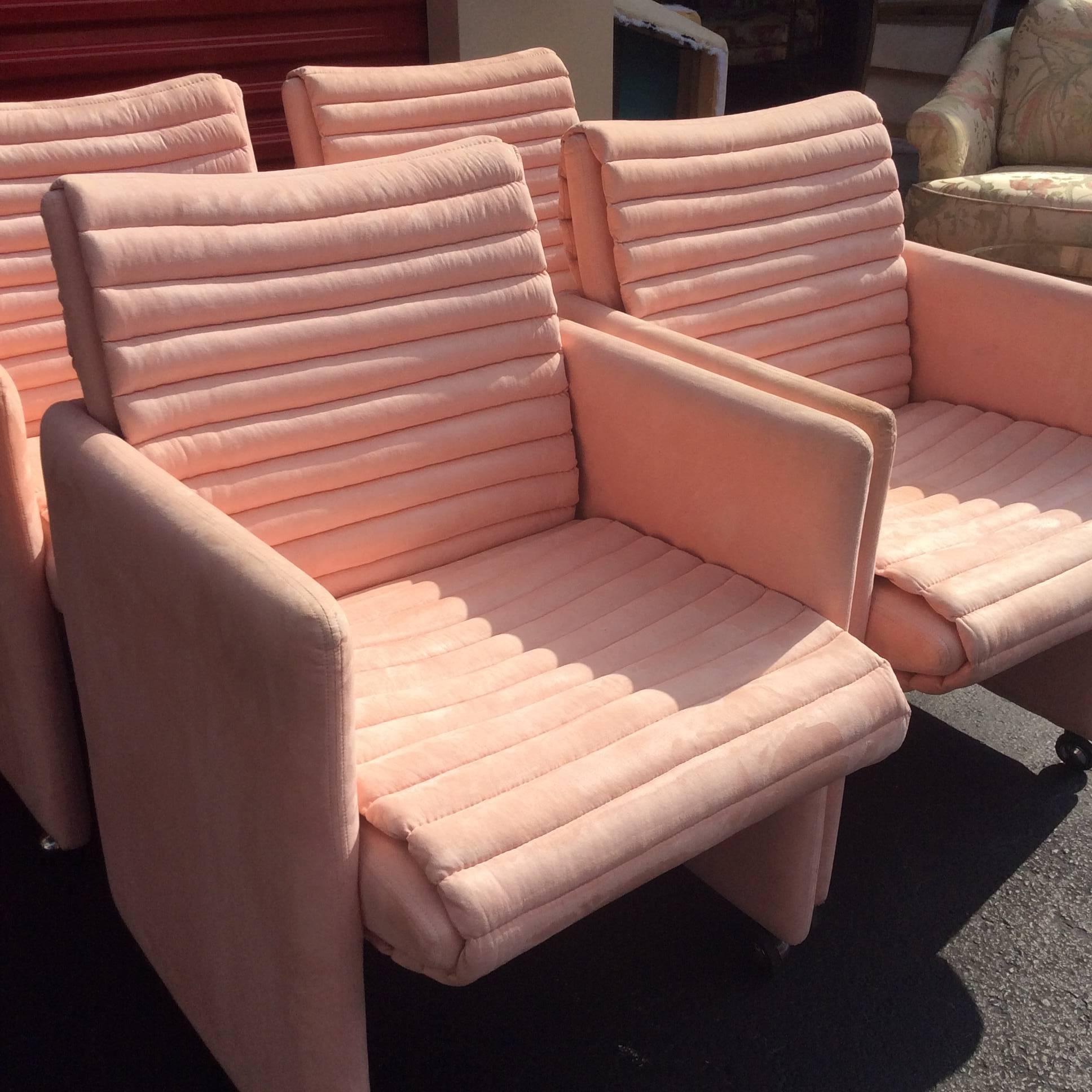 20th Century Milo Baughman Arm Chairs by Preview Vintage Set of Four Lounge Castors Pink