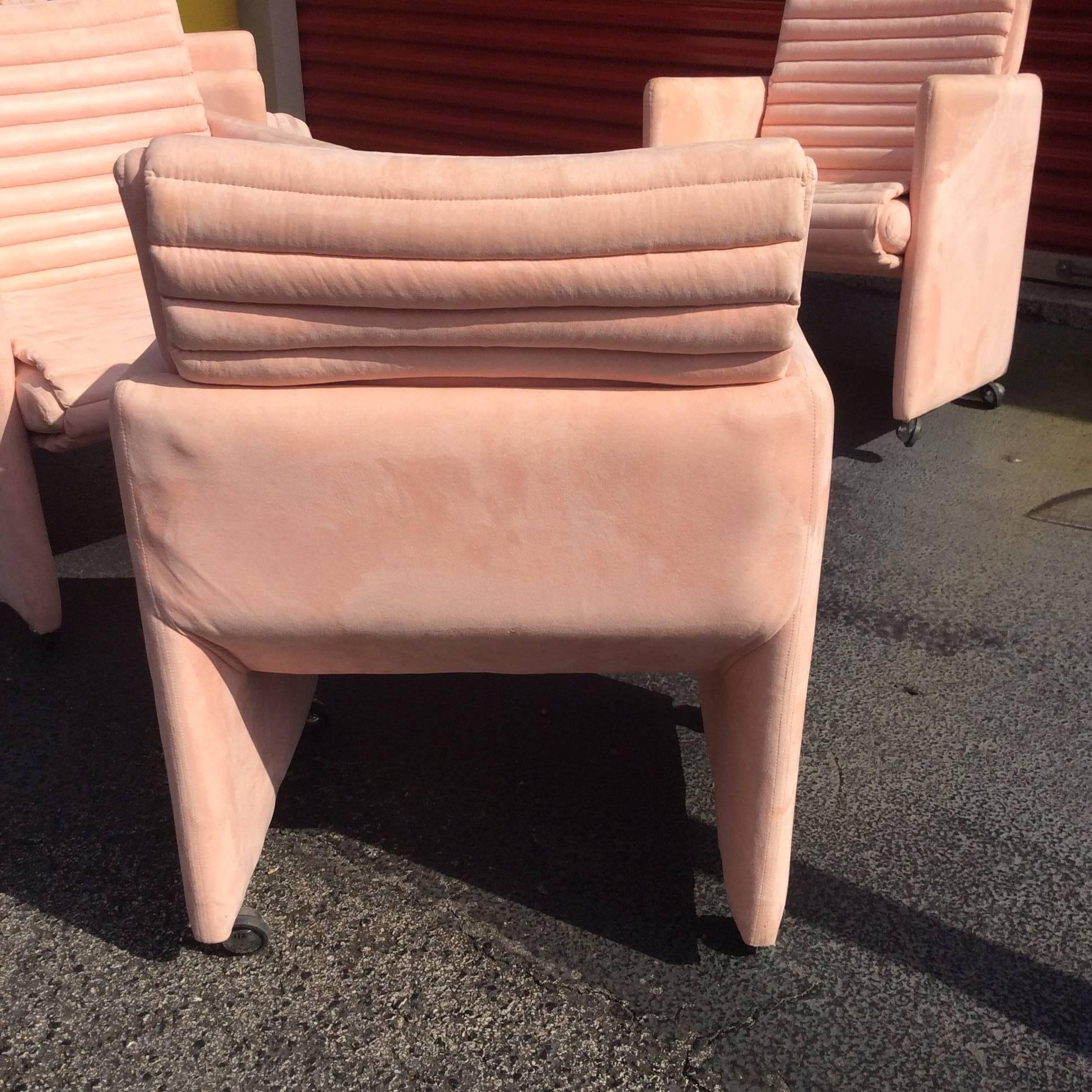 Milo Baughman Arm Chairs by Preview Vintage Set of Four Lounge Castors Pink 1