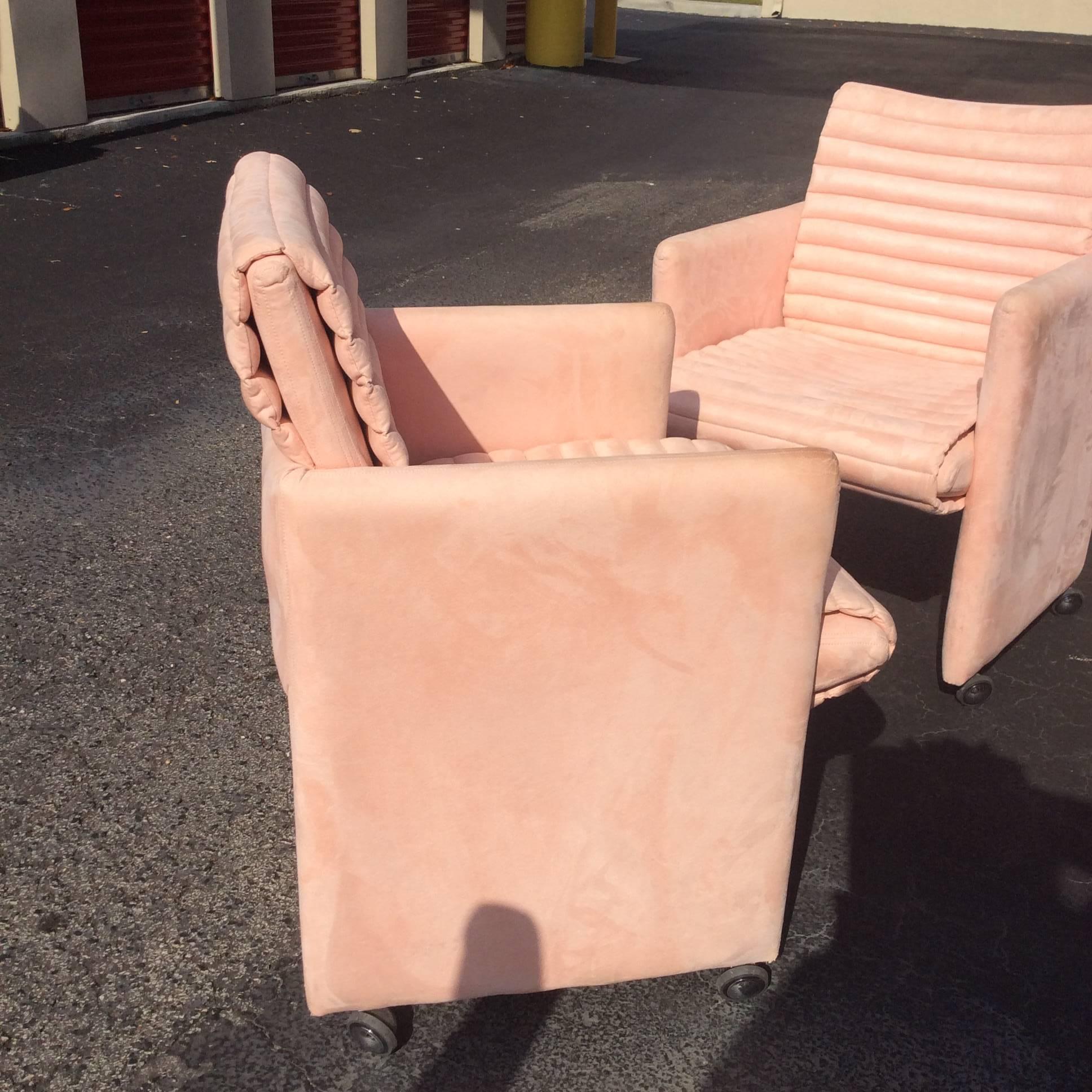 Milo Baughman Arm Chairs by Preview Vintage Set of Four Lounge Castors Pink 2