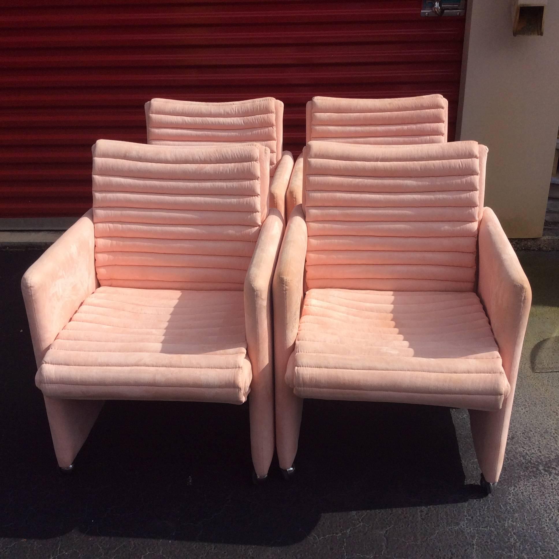 Set of four Hollywood regency Milo Baughman by Preview (tagged) armchairs. Great retro shape!! Original palm beach pink suede fabric does have some soiling and scuffs. I recommend new upholstery however a good steam cleaning may be sufficient in