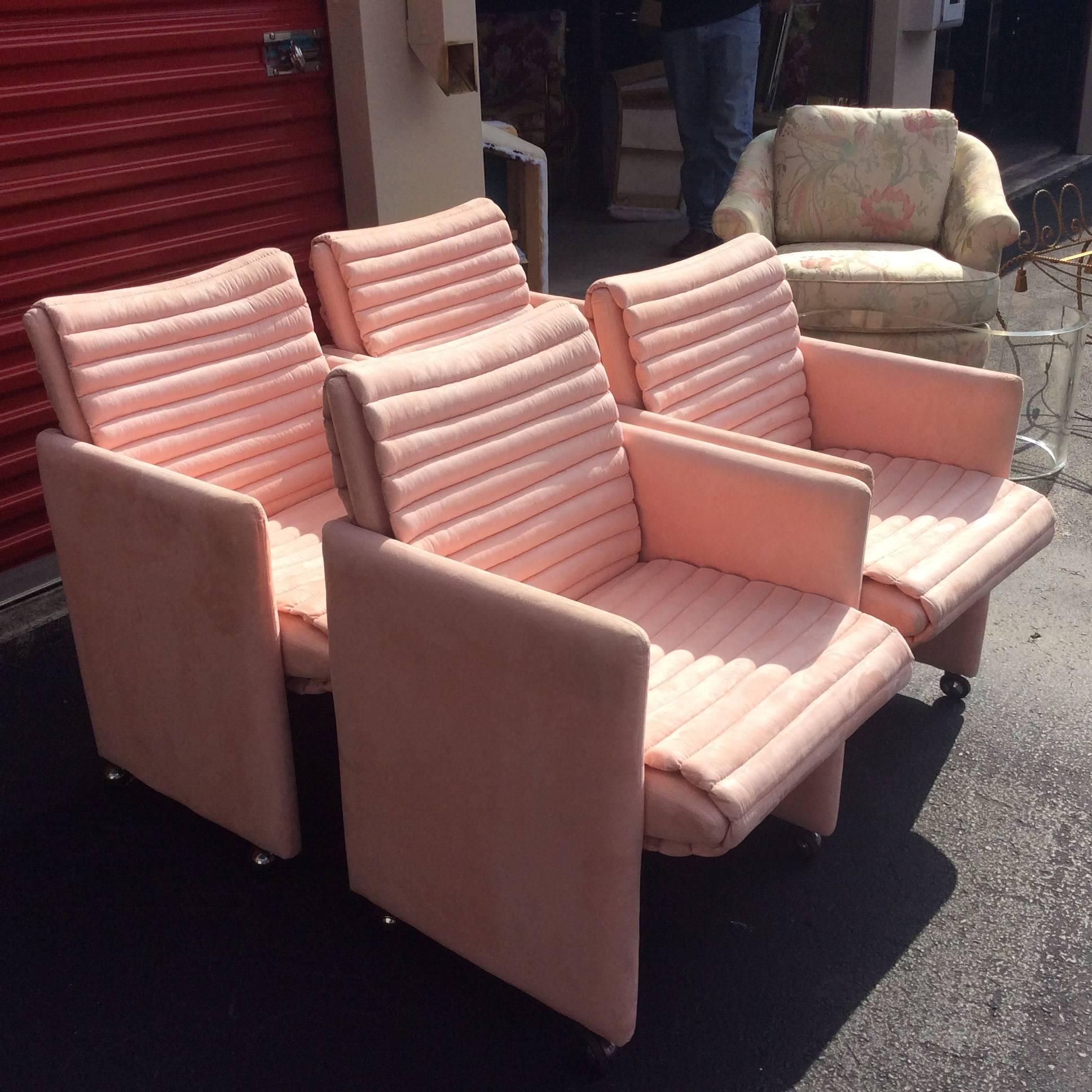 Milo Baughman Arm Chairs by Preview Vintage Set of Four Lounge Castors Pink In Good Condition In West Palm Beach, FL