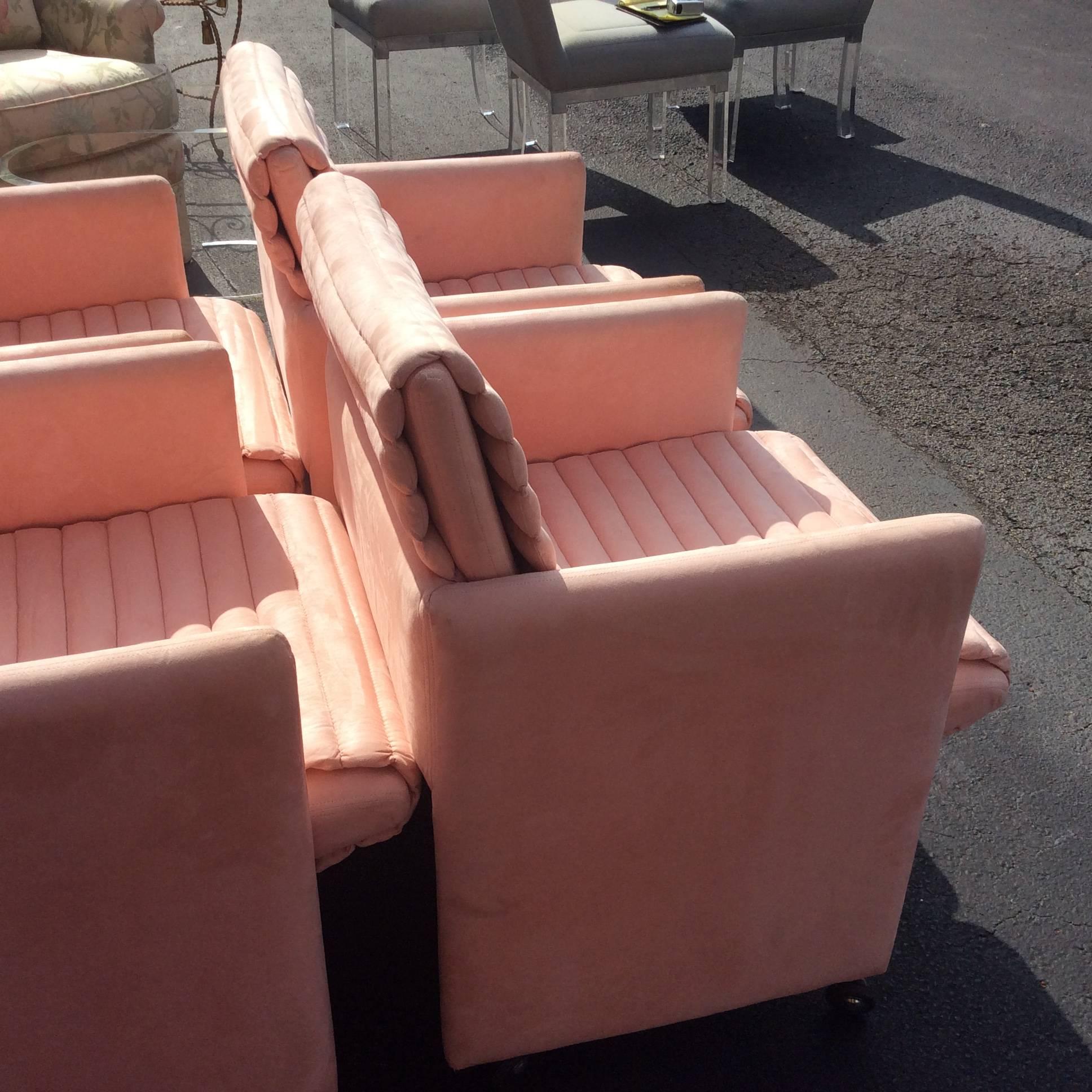 Chrome Milo Baughman Arm Chairs by Preview Vintage Set of Four Lounge Castors Pink