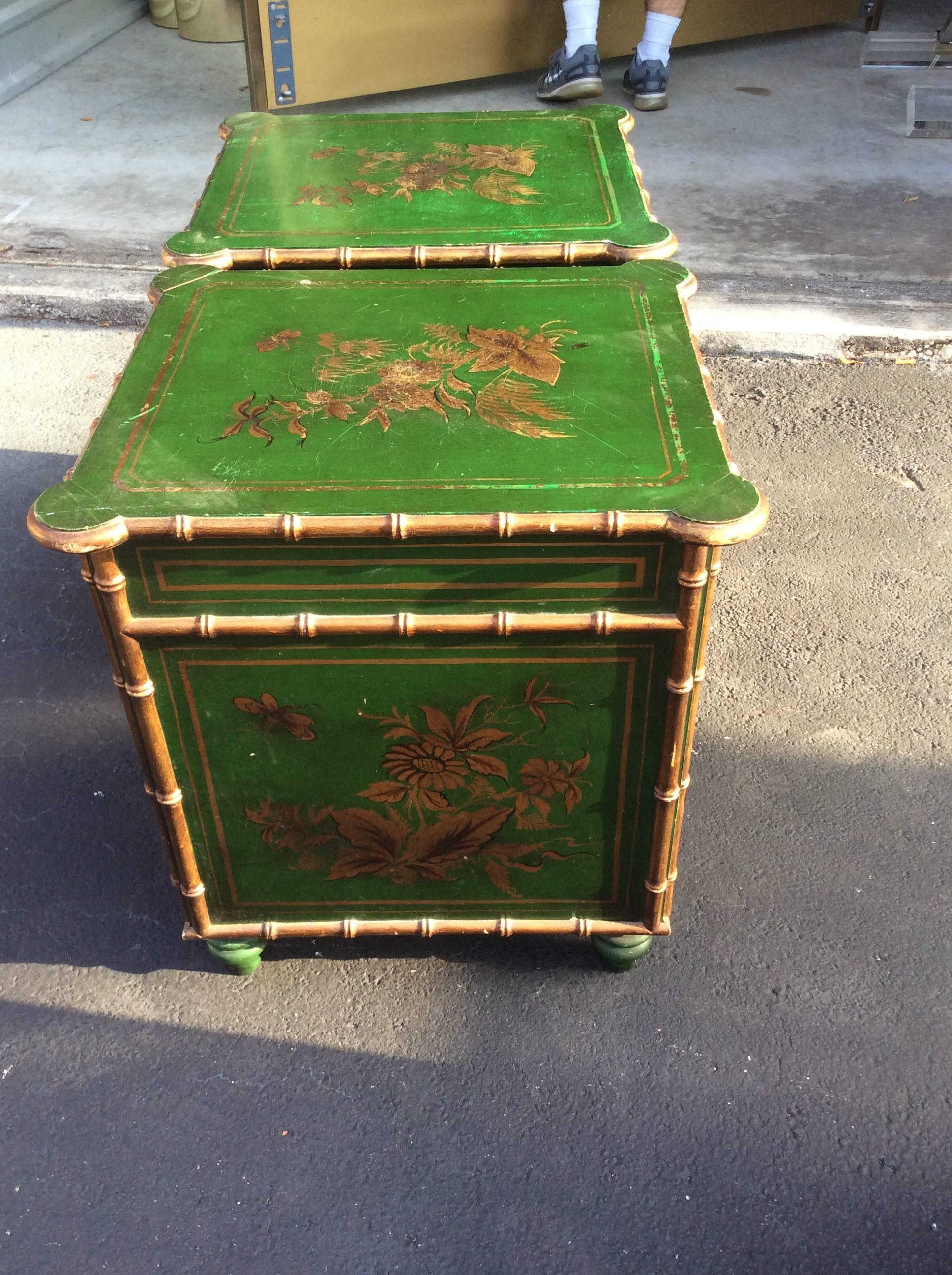 20th Century Pair Chinese Chippendale Chinoiserie End Tables Nighstands Faux Bamboo Oriental