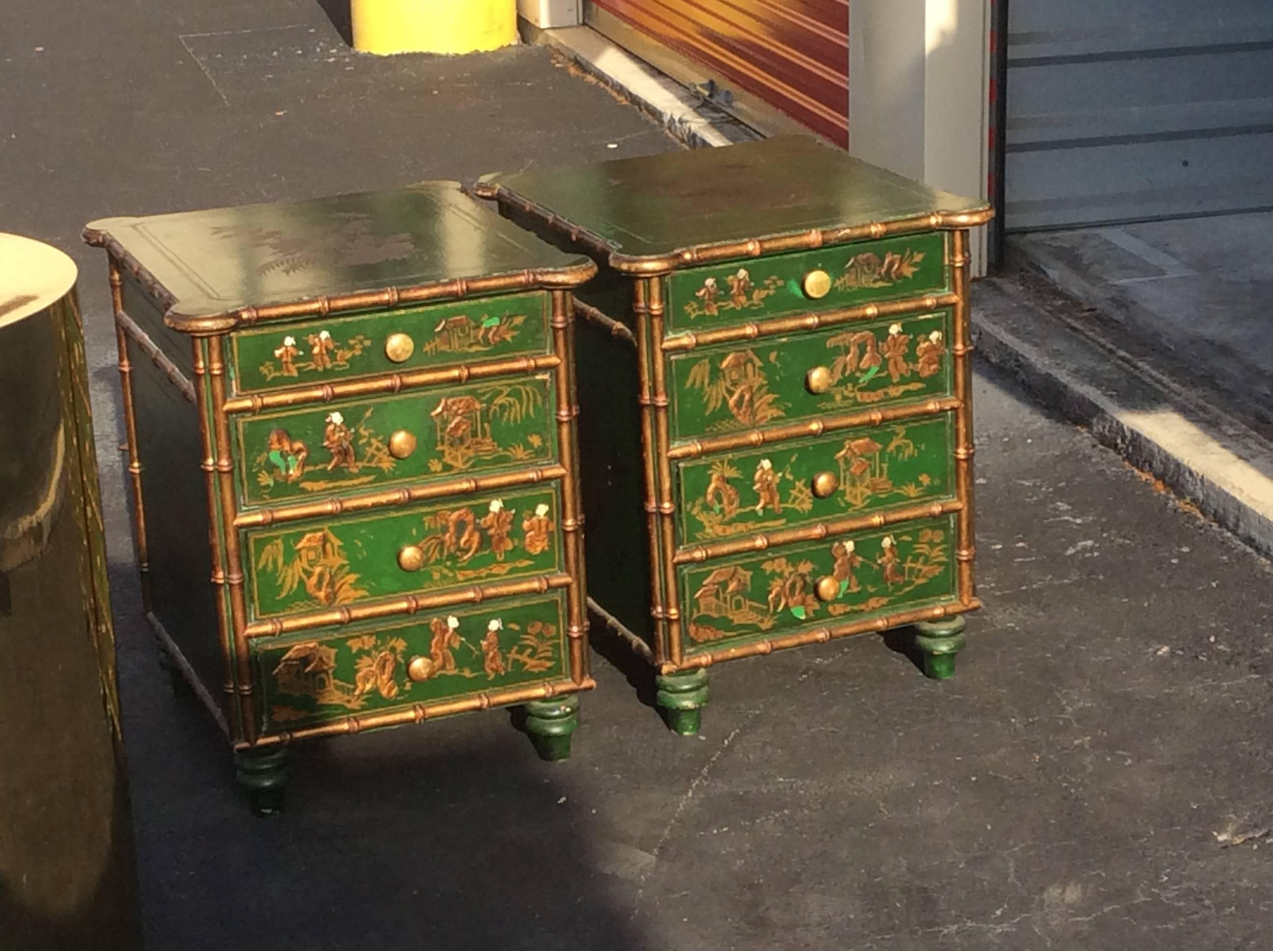 Great pair of antique Hollywood palm beach regency, end or side tables, nightsands, bed tables. Great faux bamboo, Chinese Chippendale gold trim with chinoiserie paintings. There are spots that have missing paint. The finish is original and has some