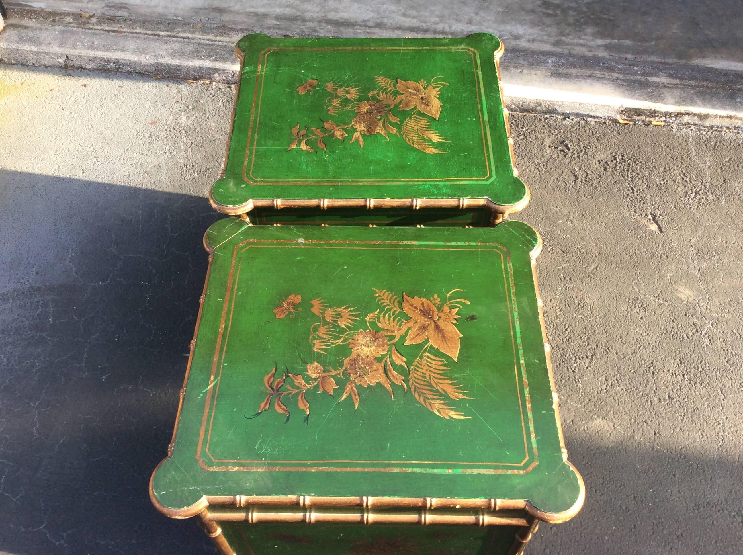 Pair Chinese Chippendale Chinoiserie End Tables Nighstands Faux Bamboo Oriental In Good Condition In West Palm Beach, FL
