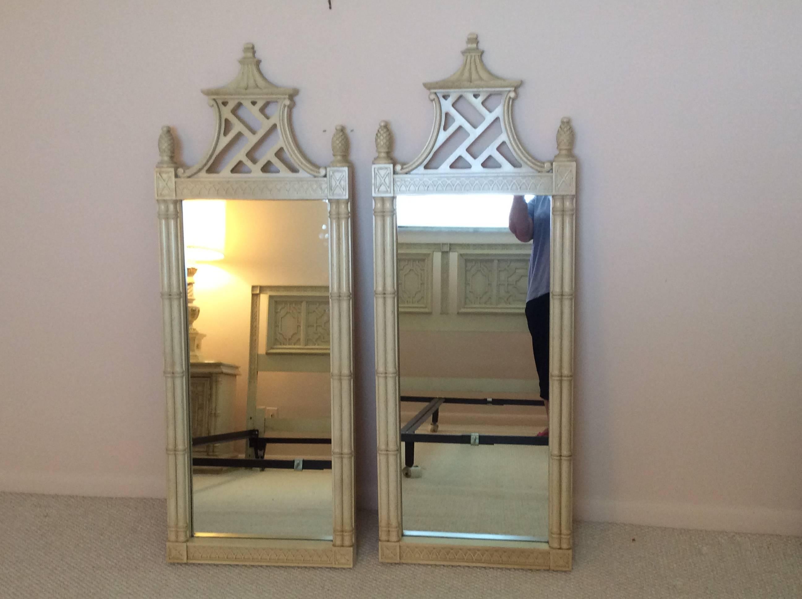 Hollywood Regency Pair Pagoda Wall Mirrors, NEWLY LACQUERED Chinese Chippendale Chinoiserie