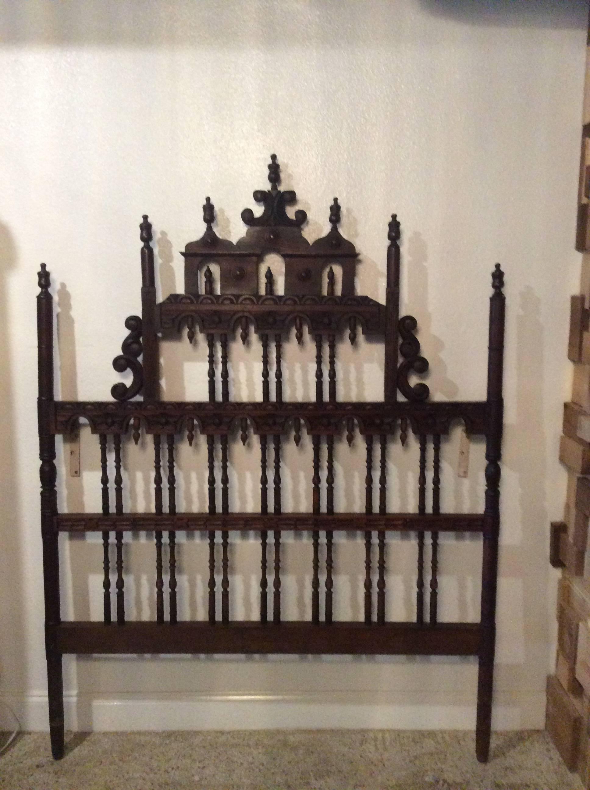 The most amazing headboard ever! Hand-carved details that inlcude finials, spindles, and an intricate pagoda top. This can be left as is or I can have it professionally lacquered for you at an additional charge. Imagine this in a girls room!  Lovely