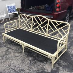 Chinese Chippendale Faux Bamboo Rattan Sofa Couch Chinoiserie Cushions Vintage