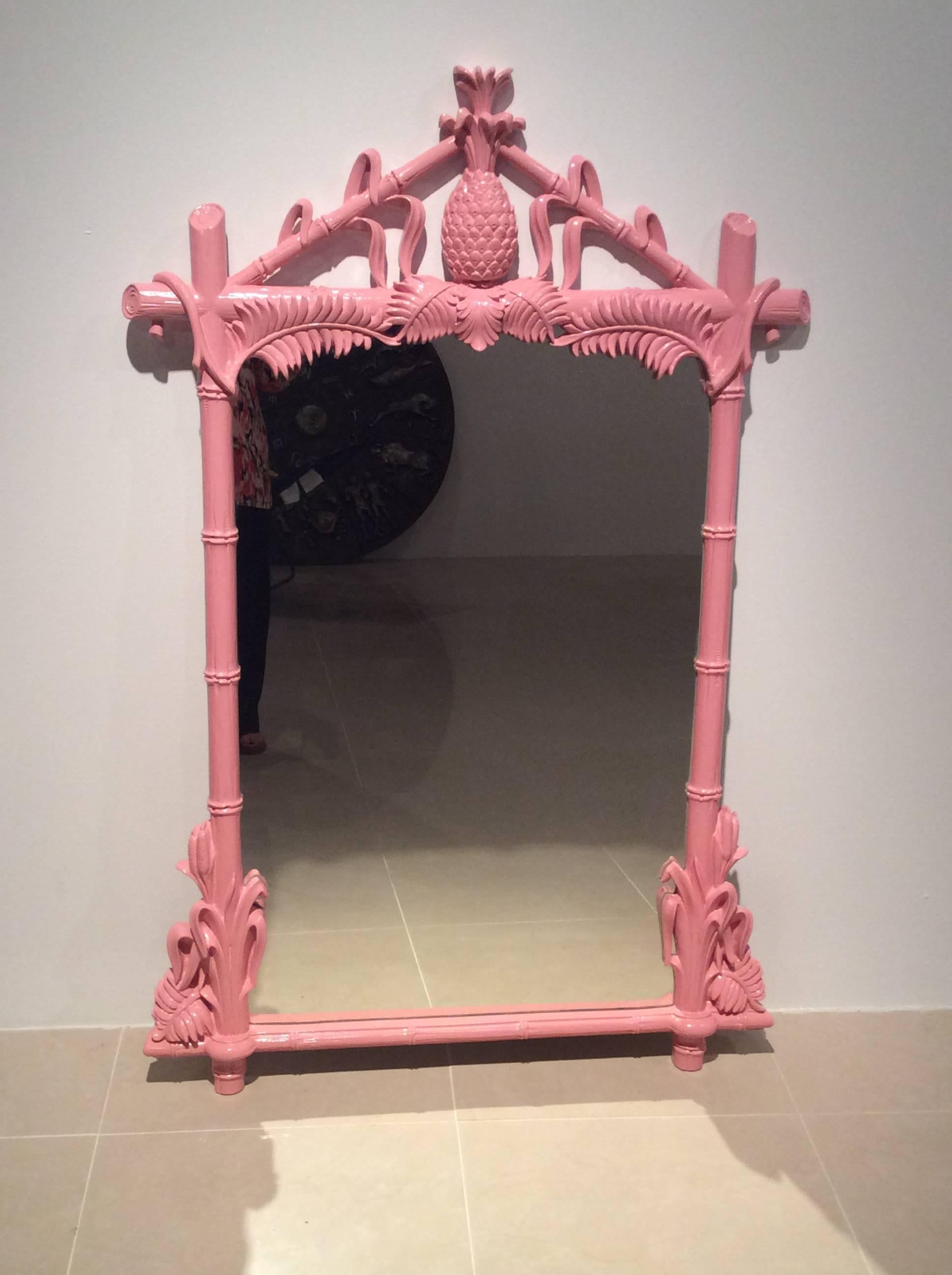 Hollywood Regency Gampel & Stoll Newly Lacquered Flamingo Pink Pineapple Faux Bamboo Wall Mirror