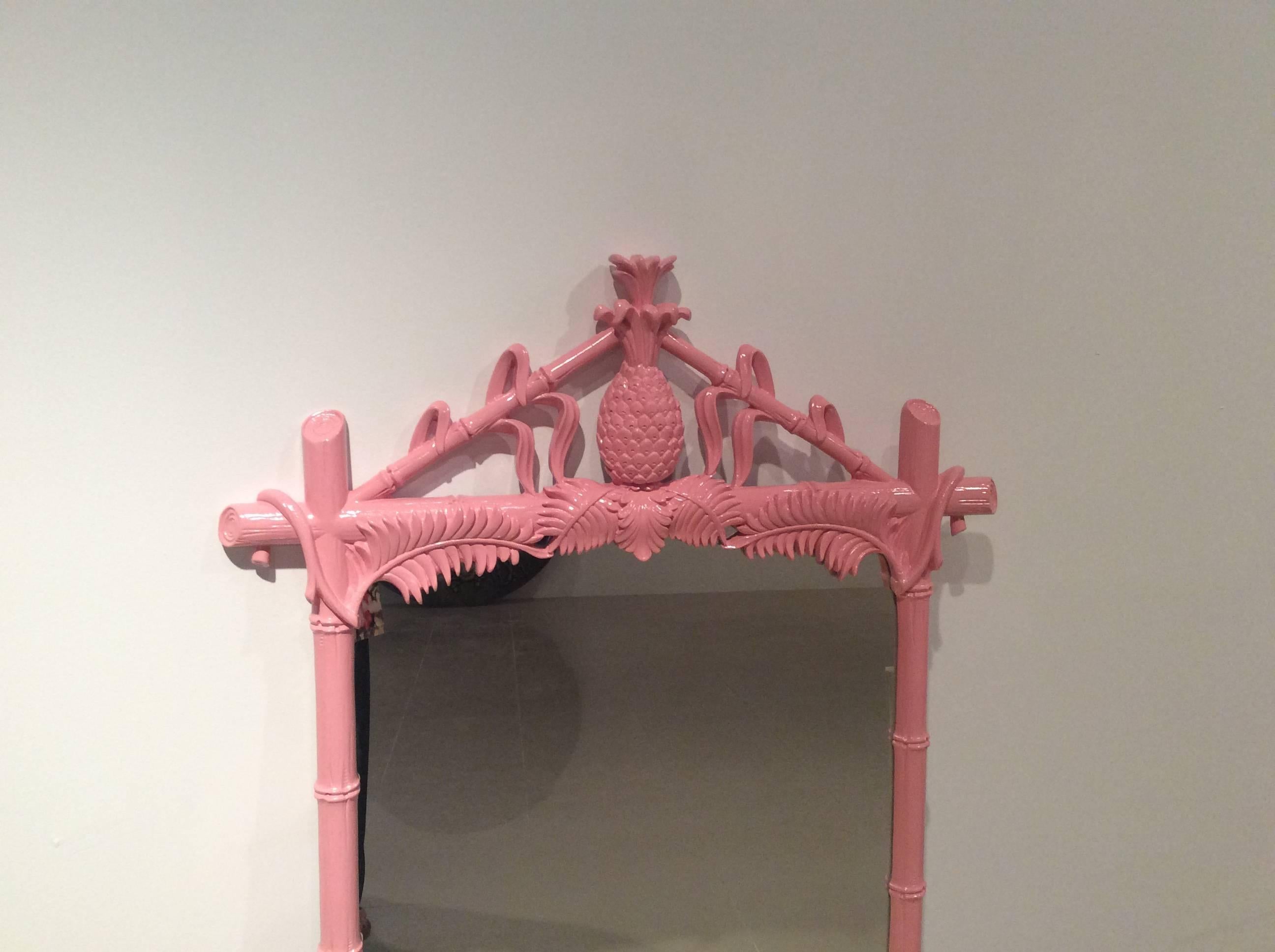 20th Century Gampel & Stoll Newly Lacquered Flamingo Pink Pineapple Faux Bamboo Wall Mirror
