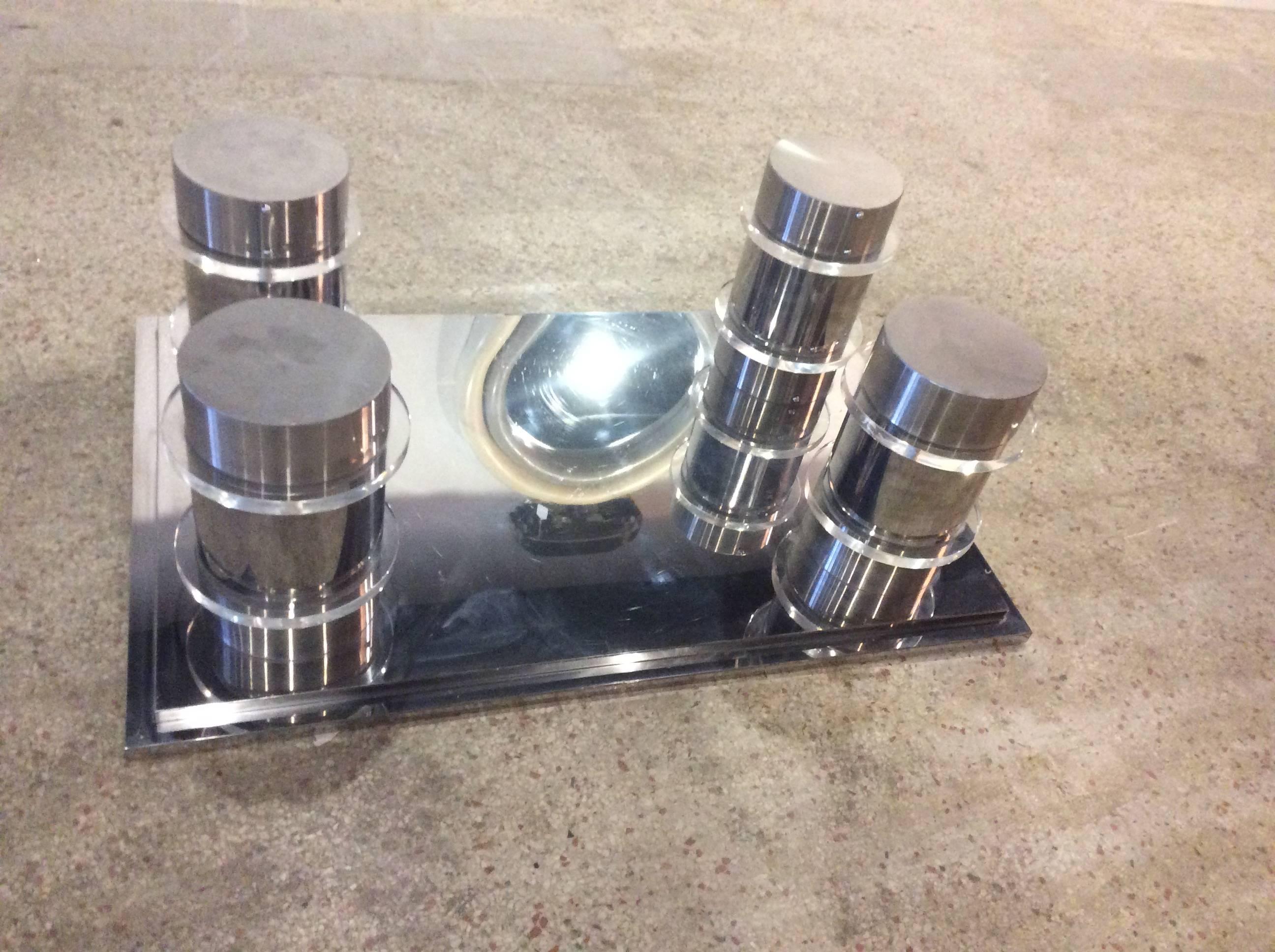 Chrome and Lucite Vintage Monumental Pilar Column Coffee Cocktail Table In Good Condition In West Palm Beach, FL