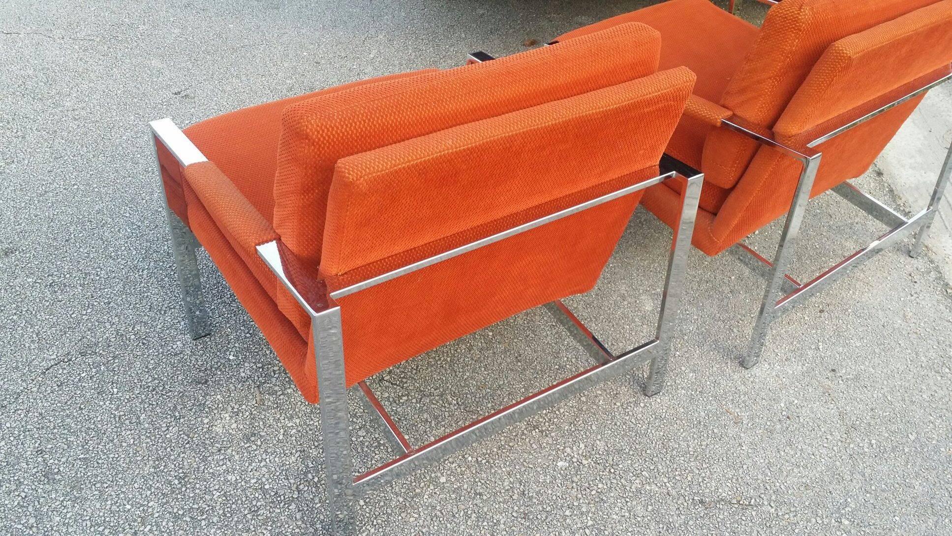 Mid-Century Modern Carsons Vintage Pair of Chrome Arm Lounge Chairs, Cube Style of Milo Baughman