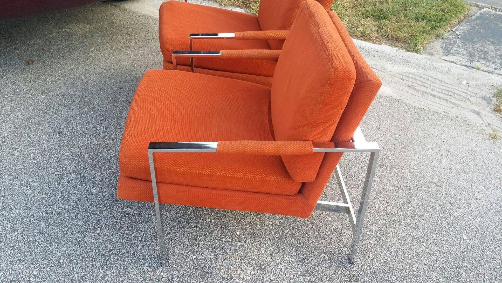20th Century Carsons Vintage Pair of Chrome Arm Lounge Chairs, Cube Style of Milo Baughman