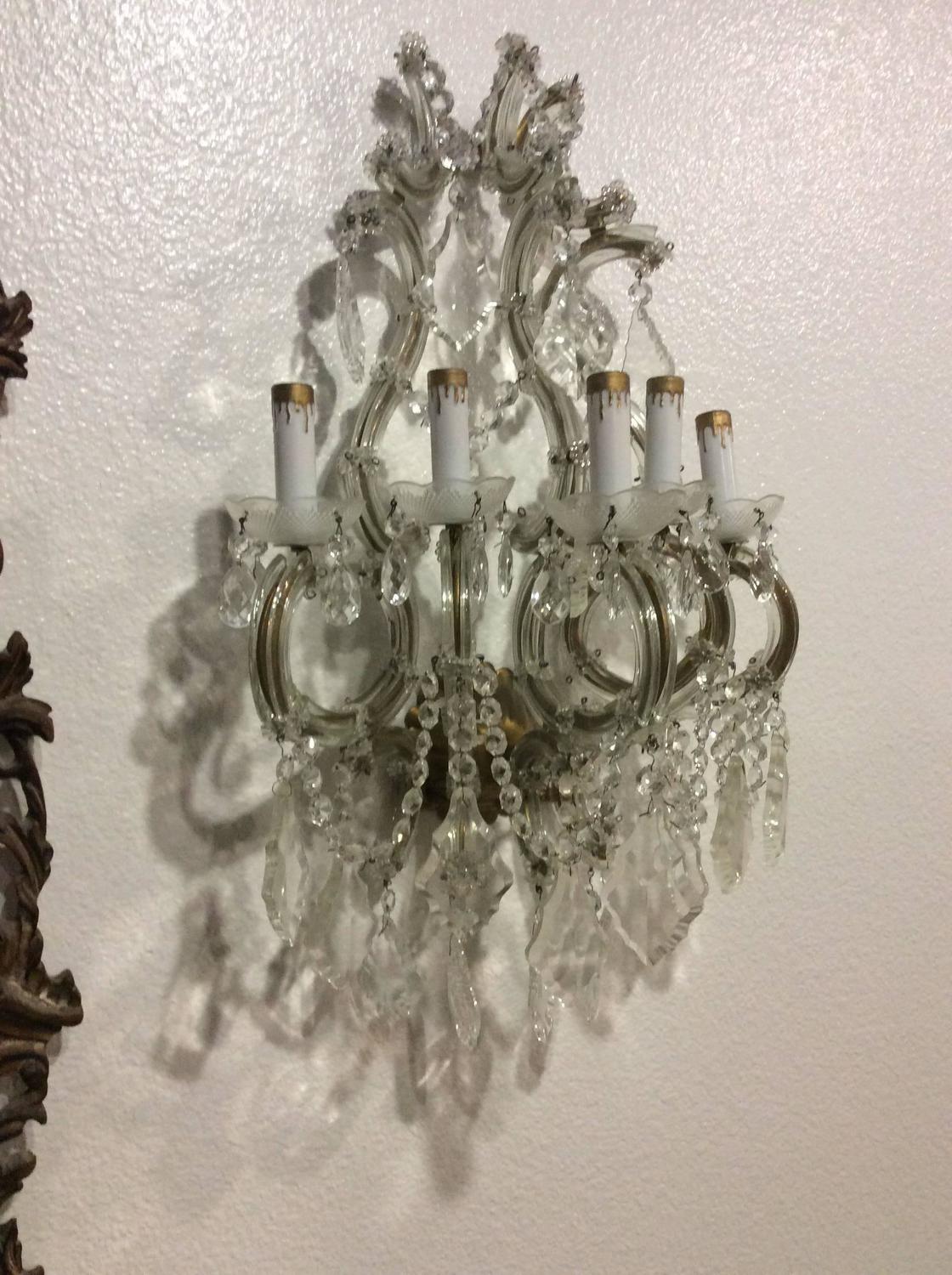 Crystal Wall Sconces Pair of Venetian Glass Italian Gold Gilt Five-Light Antique For Sale at 1stdibs