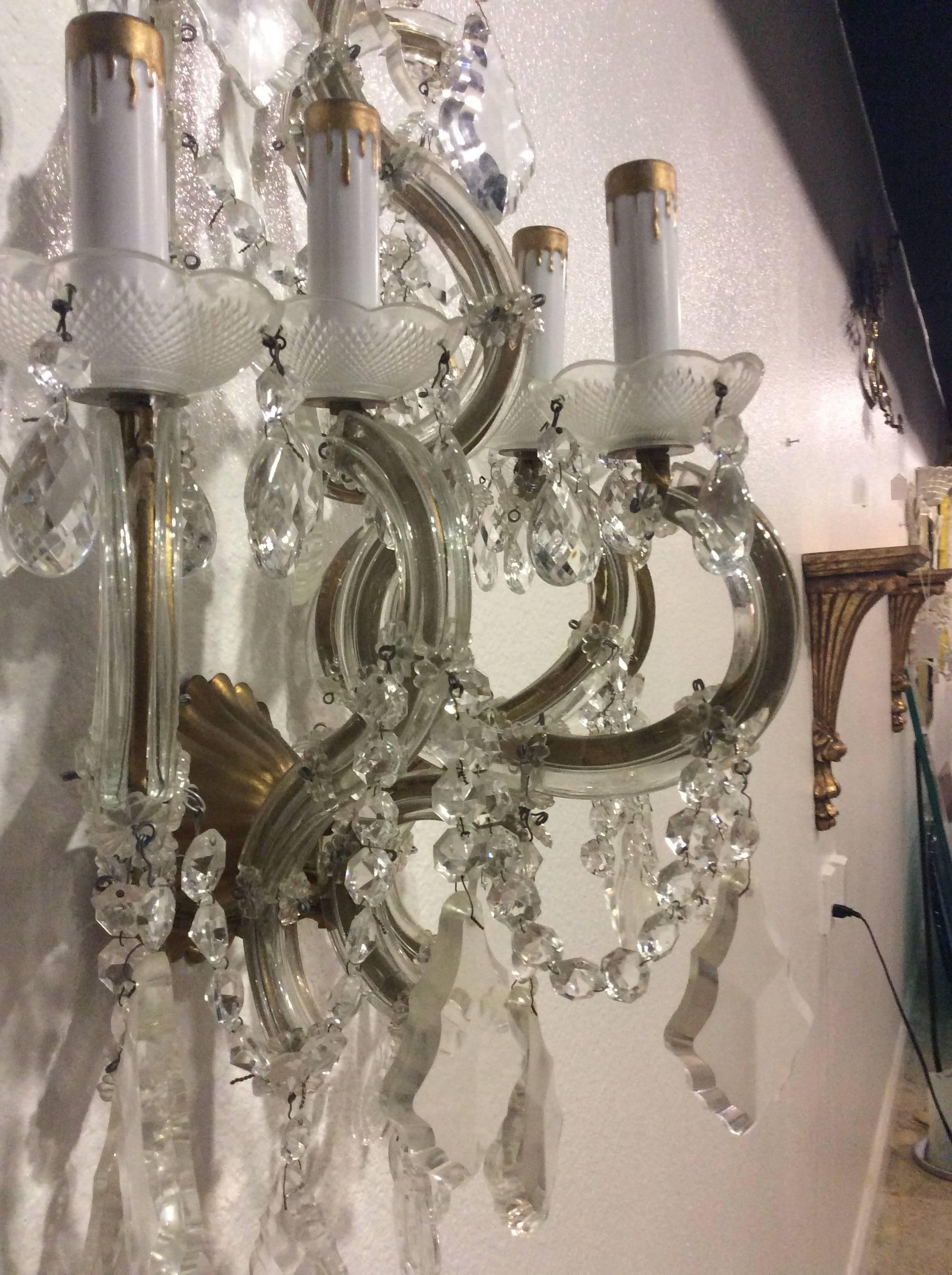 Crystal Wall Sconces Pair of Venetian Glass Italian Gold Gilt Five-Light Antique In Excellent Condition For Sale In West Palm Beach, FL