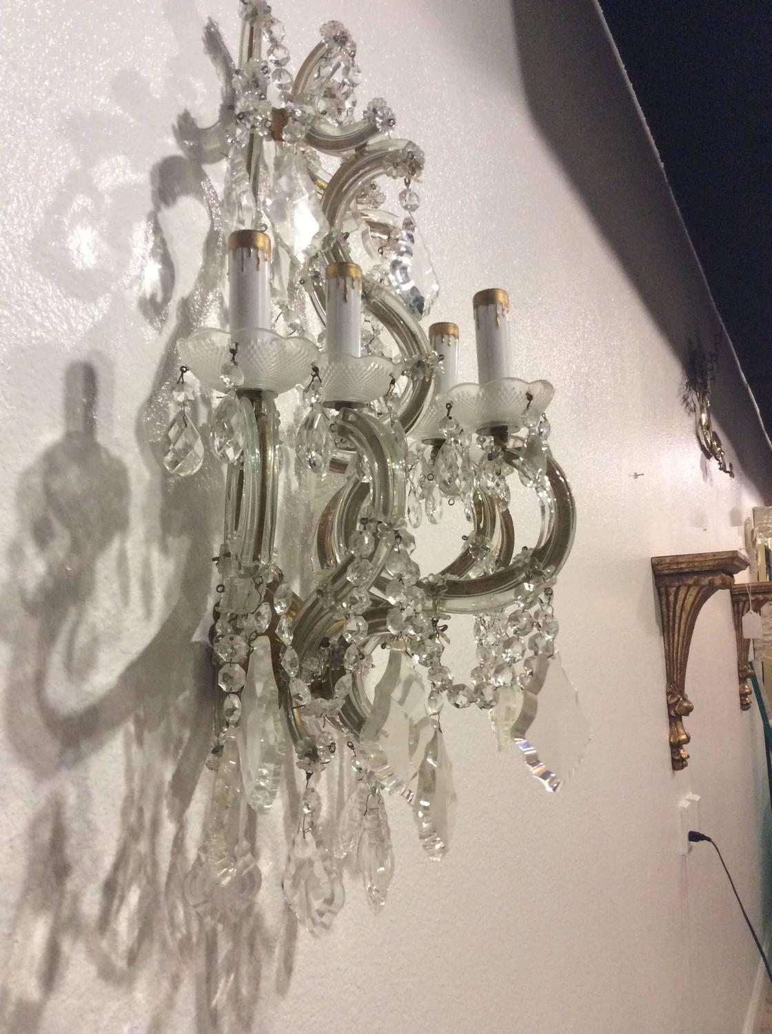 Crystal Wall Sconces Pair of Venetian Glass Italian Gold Gilt Five-Light Antique For Sale at 1stdibs