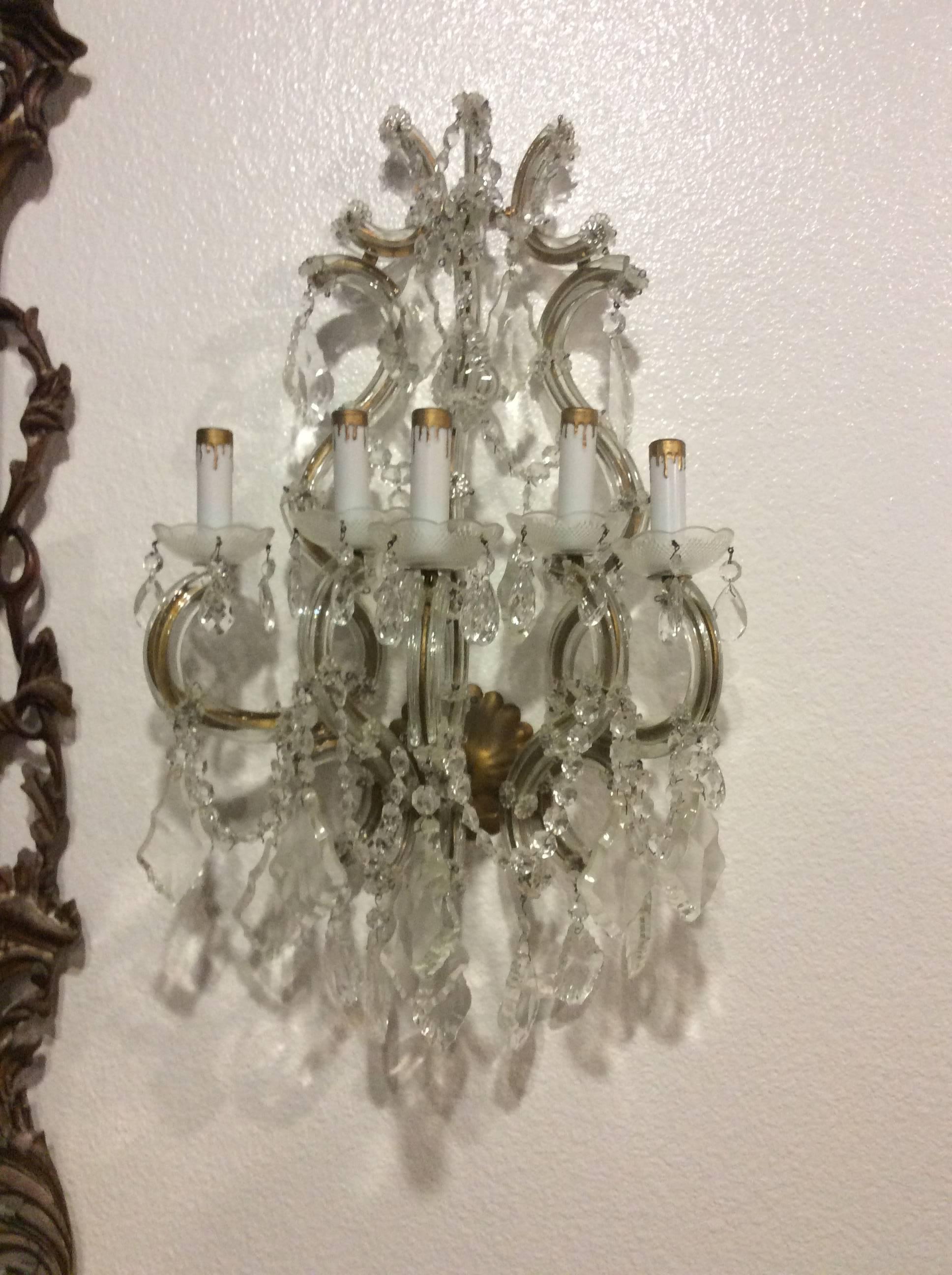 Crystal Wall Sconces Pair of Venetian Glass Italian Gold Gilt Five-Light Antique For Sale 2