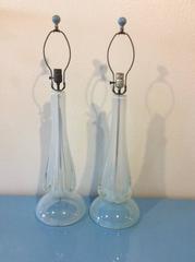 Pair of Vintage Murano White Blue Opaline Italian Glass Table Lamps Irredescent