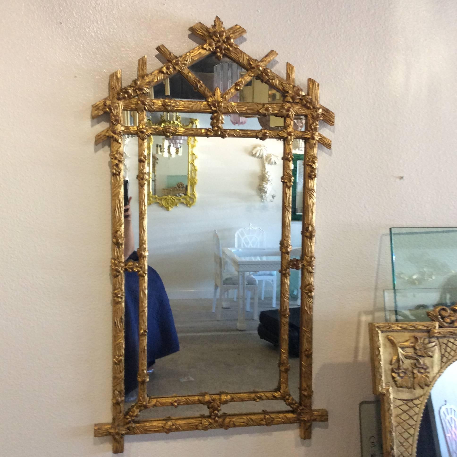 American Faux Bois Vintage Gold Giltwood Wall Mirror, Hollywood Regency Flowers Floral