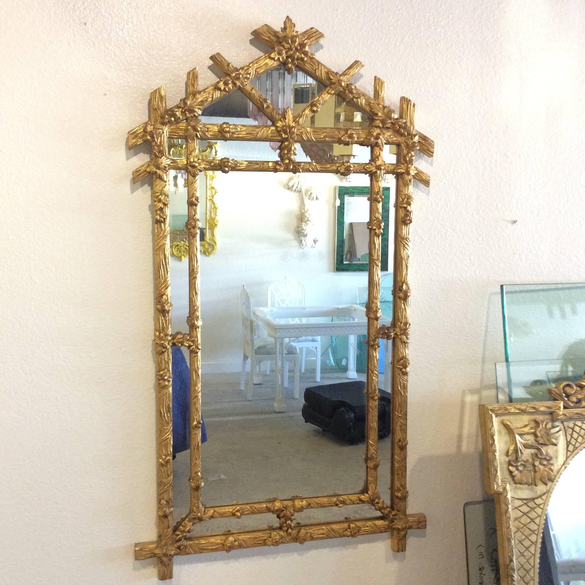 Faux Bois Vintage Gold Giltwood Wall Mirror, Hollywood Regency Flowers Floral In Excellent Condition In West Palm Beach, FL