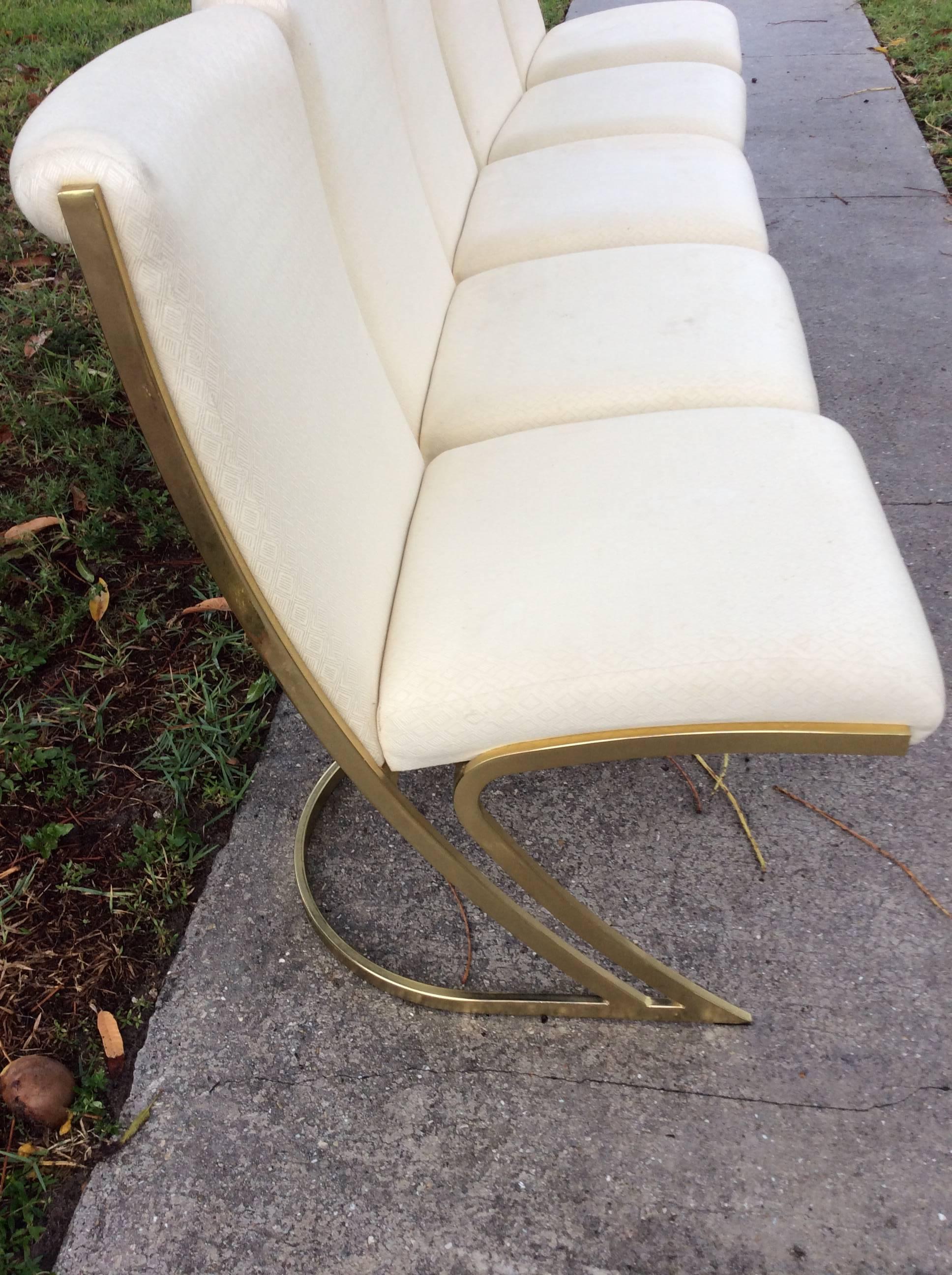 Hard to acquire set of six vintage Hollywood Palm Beach Regency brass Pierre Cardin Cantilevered Z back style side dining chairs. These will need to be upholstered as the original fabric is stained. The brass frame is in overall good condition with