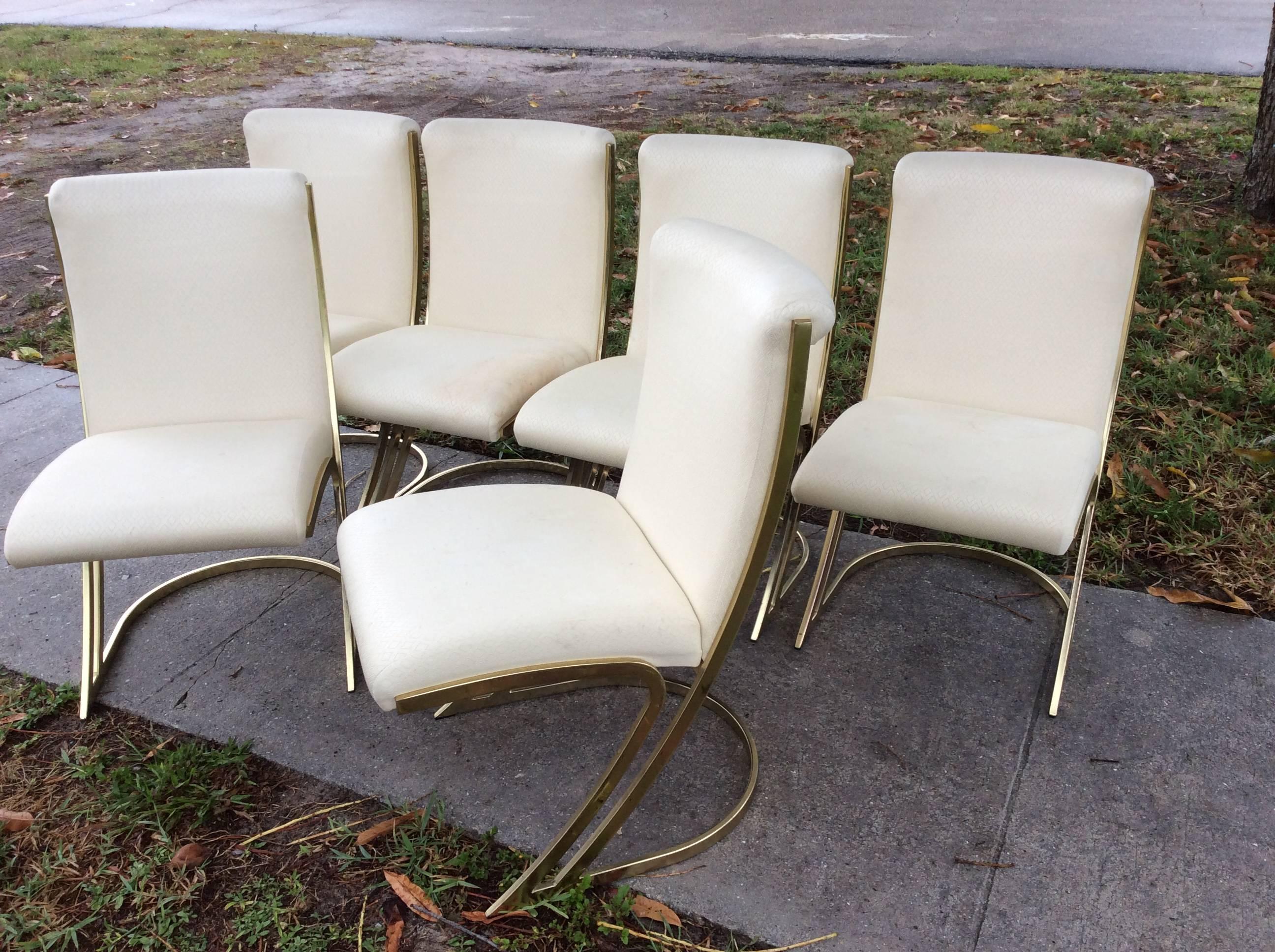 Hollywood Regency Pierre Cardin Vintage Set of Six Brass Side Dining Chairs Cantilever Z Back