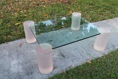 Pink Frosted Lucite Coffee Cocktail Table Vintage Column Architectural Glass
