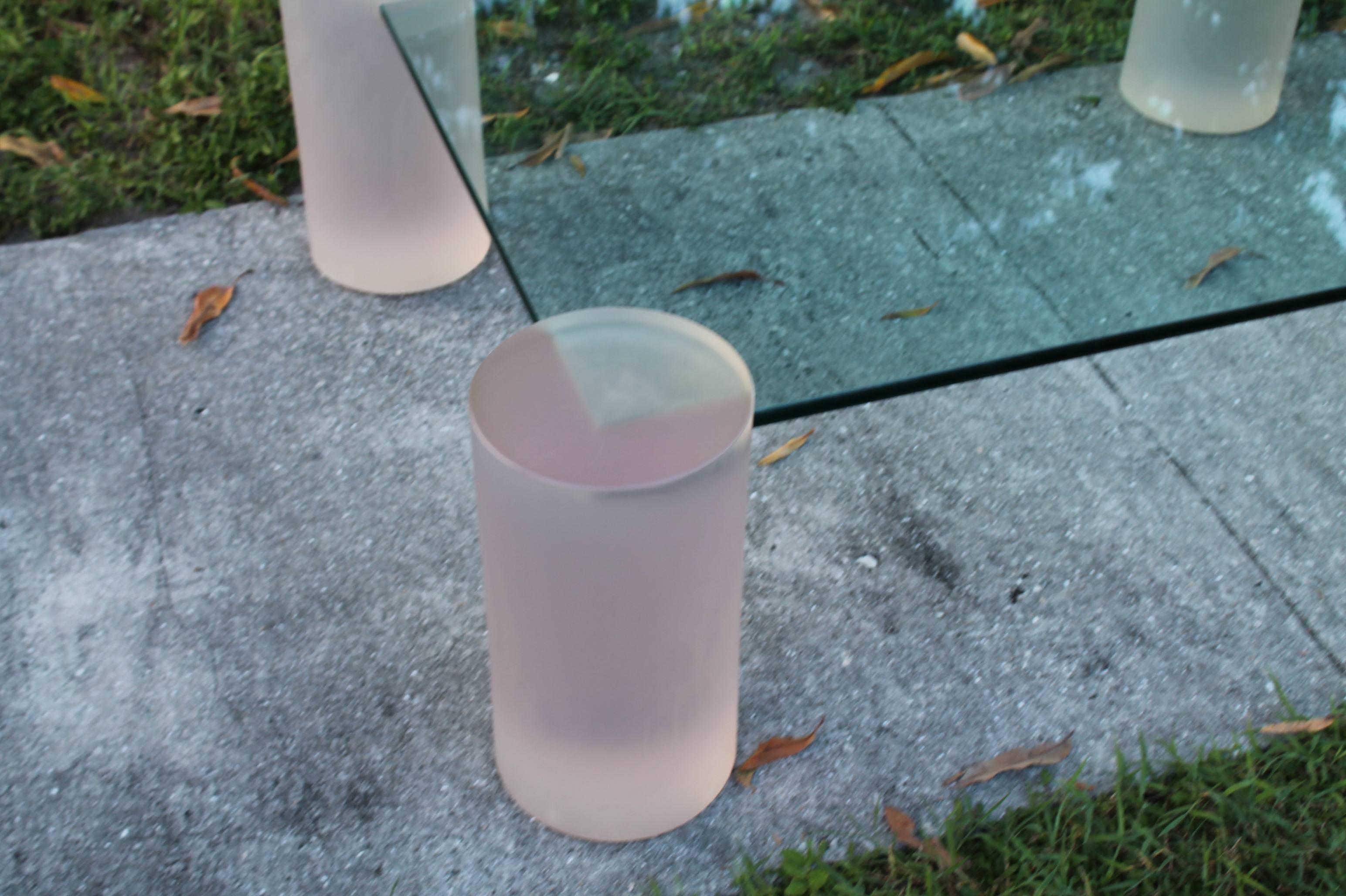 Hollywood Regency  Pink Frosted Lucite Coffee Cocktail Table Vintage Column Architectural Glass For Sale