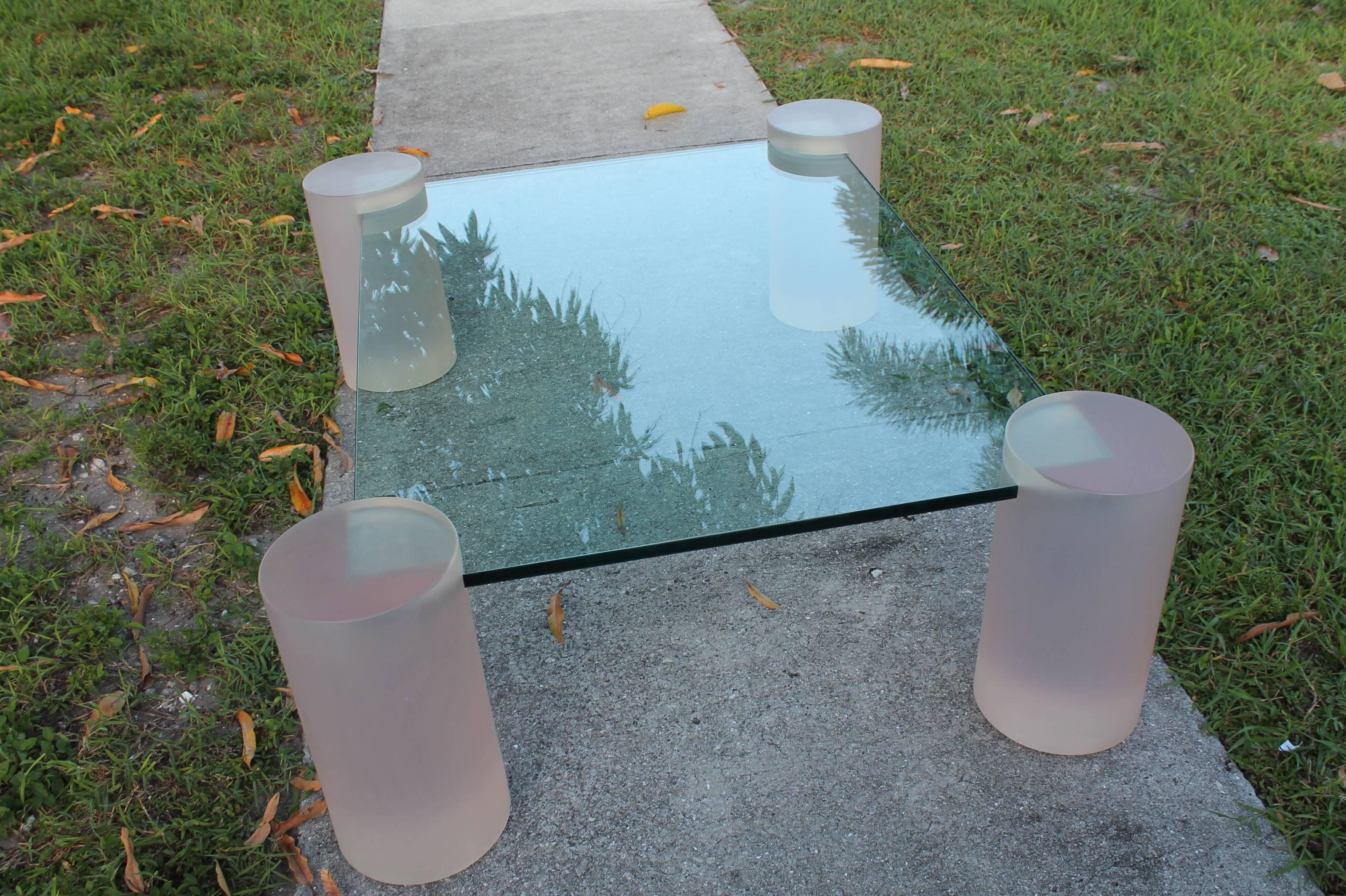 American  Pink Frosted Lucite Coffee Cocktail Table Vintage Column Architectural Glass For Sale