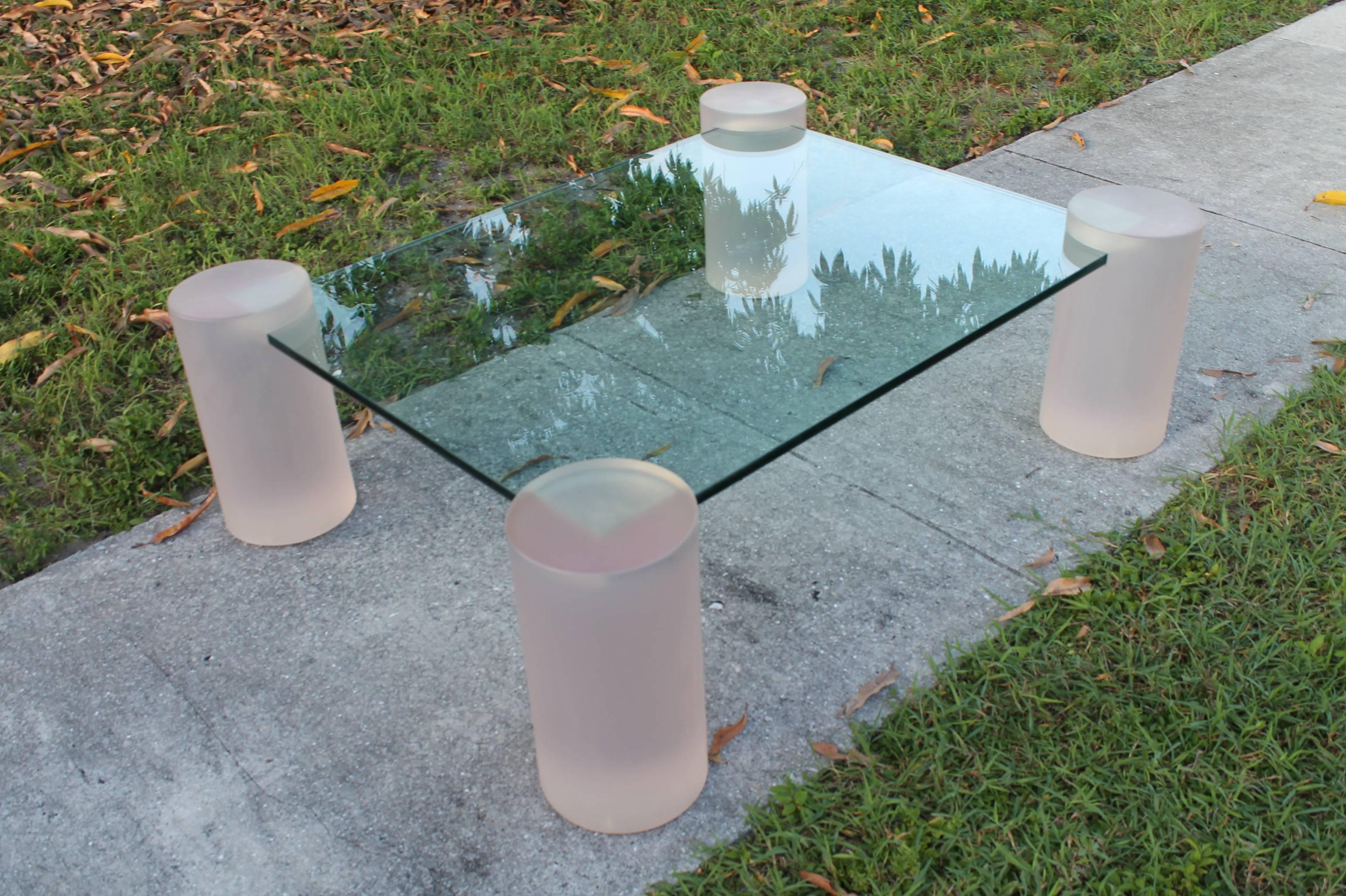  Pink Frosted Lucite Coffee Cocktail Table Vintage Column Architectural Glass For Sale 1