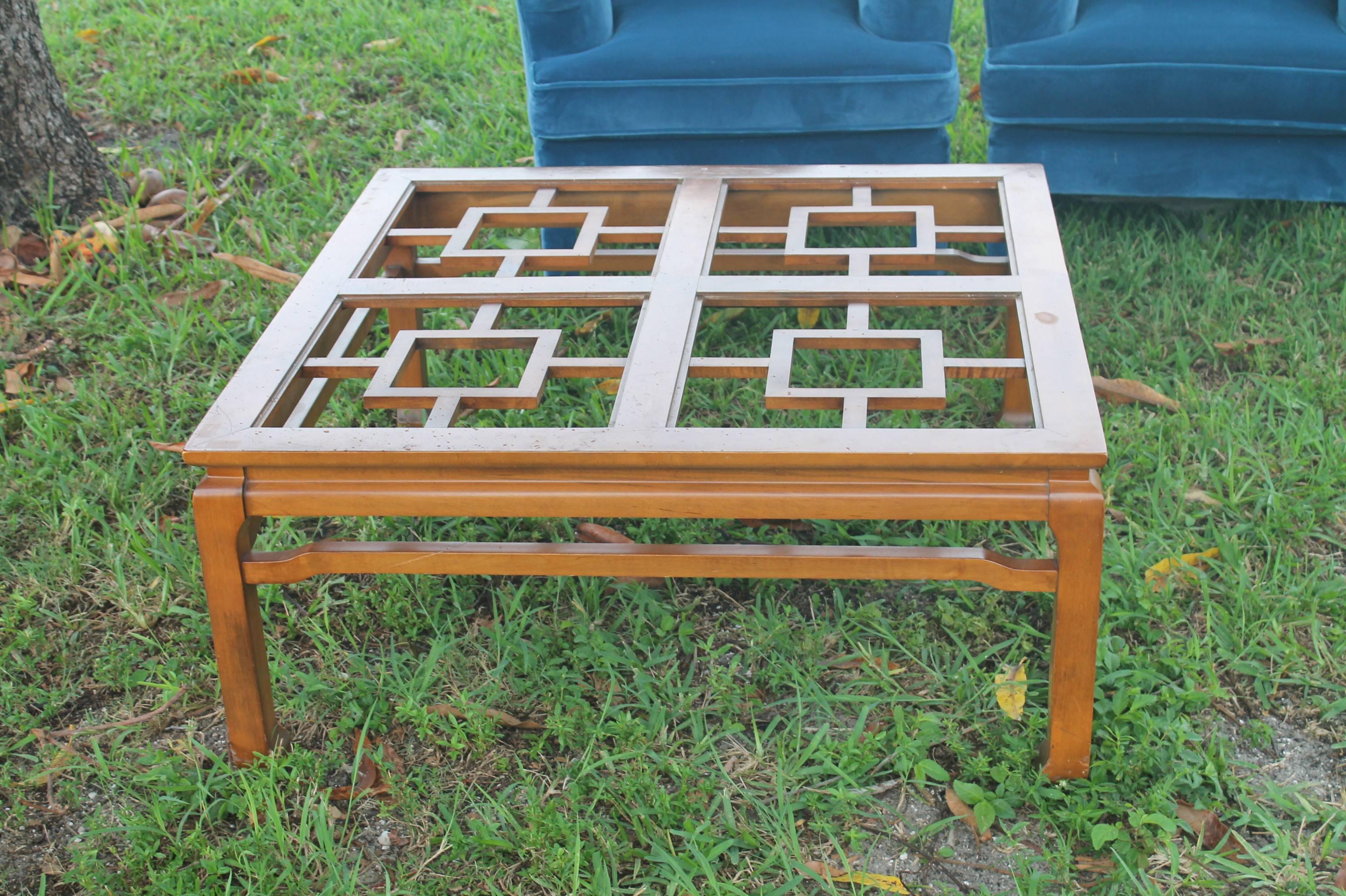 Vintage Hollywood Palm Beach Regency Ming fretwork fret work Chinese Chippendale coffee cocktail table in natural wood with glass top. This price includes your choice of color of professional lacquer for this table. Matching end side tables are also