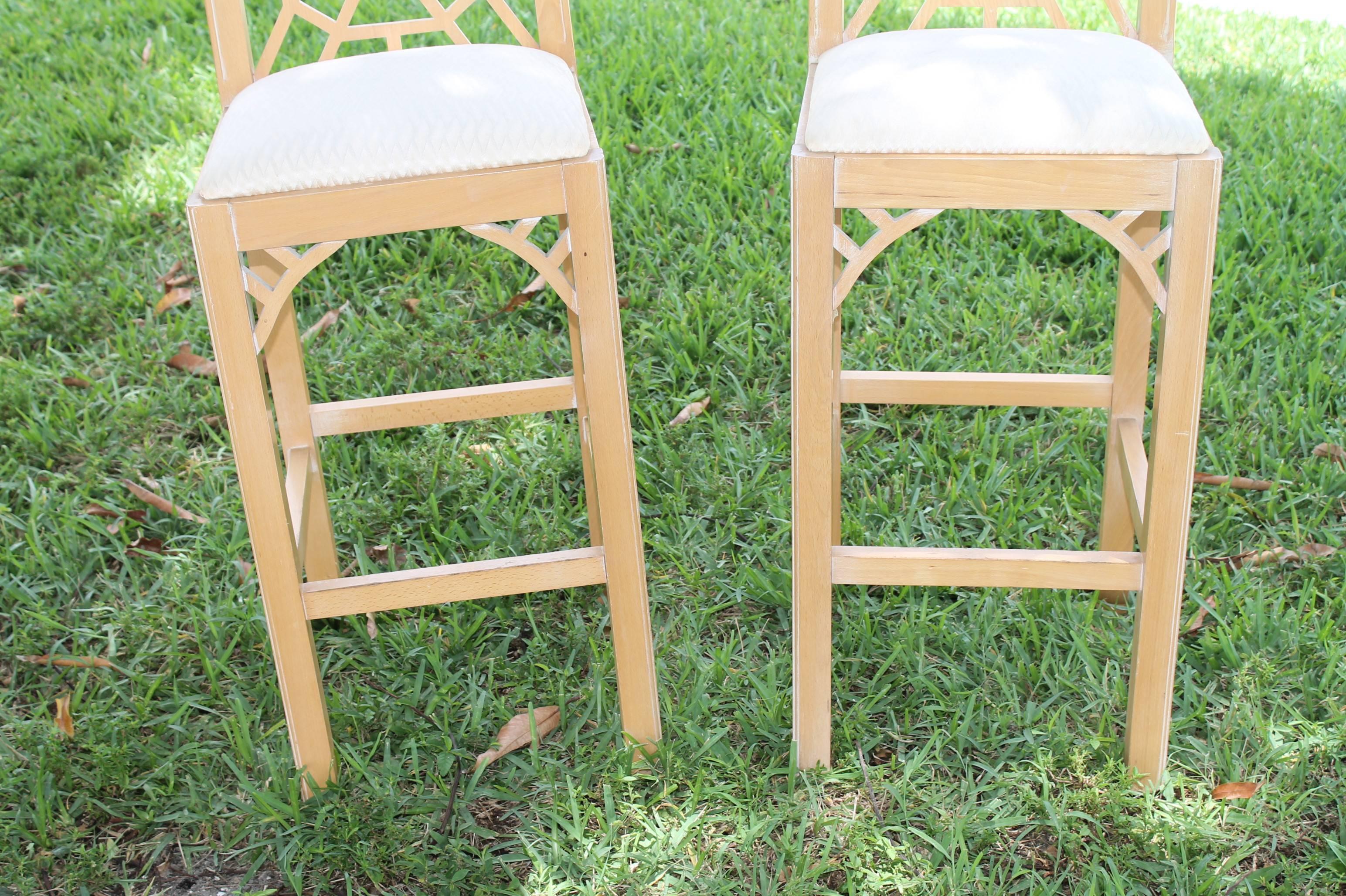 20th Century Vintage Pair of Pagoda Bar Stools, Fret Chinese Chippendale Chinoiserie