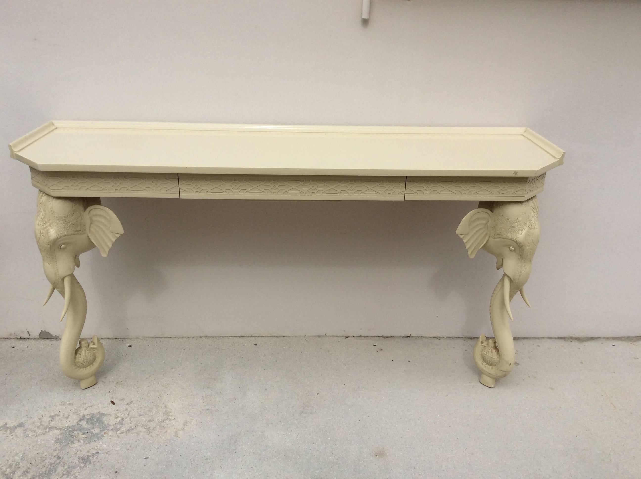 Amazing Newly Lacquered white gloss vintage Gampel and Stoll elephant fret work console table or desk, wall mount. Front drawer for storage. Price includes professional lacquer color of buyers choice. This is the same console table that is in Elvis