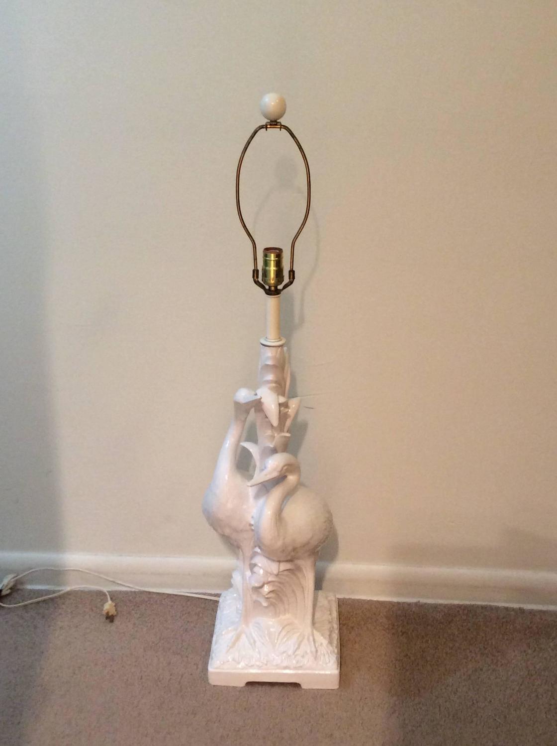 Italian White Heron Bird Table Lamp, Vintage Palm Beach Tropical Leaves