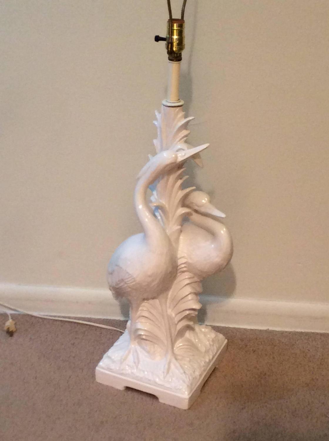 Italian White Heron Bird Table Lamp, Vintage Palm Beach Tropical Leaves