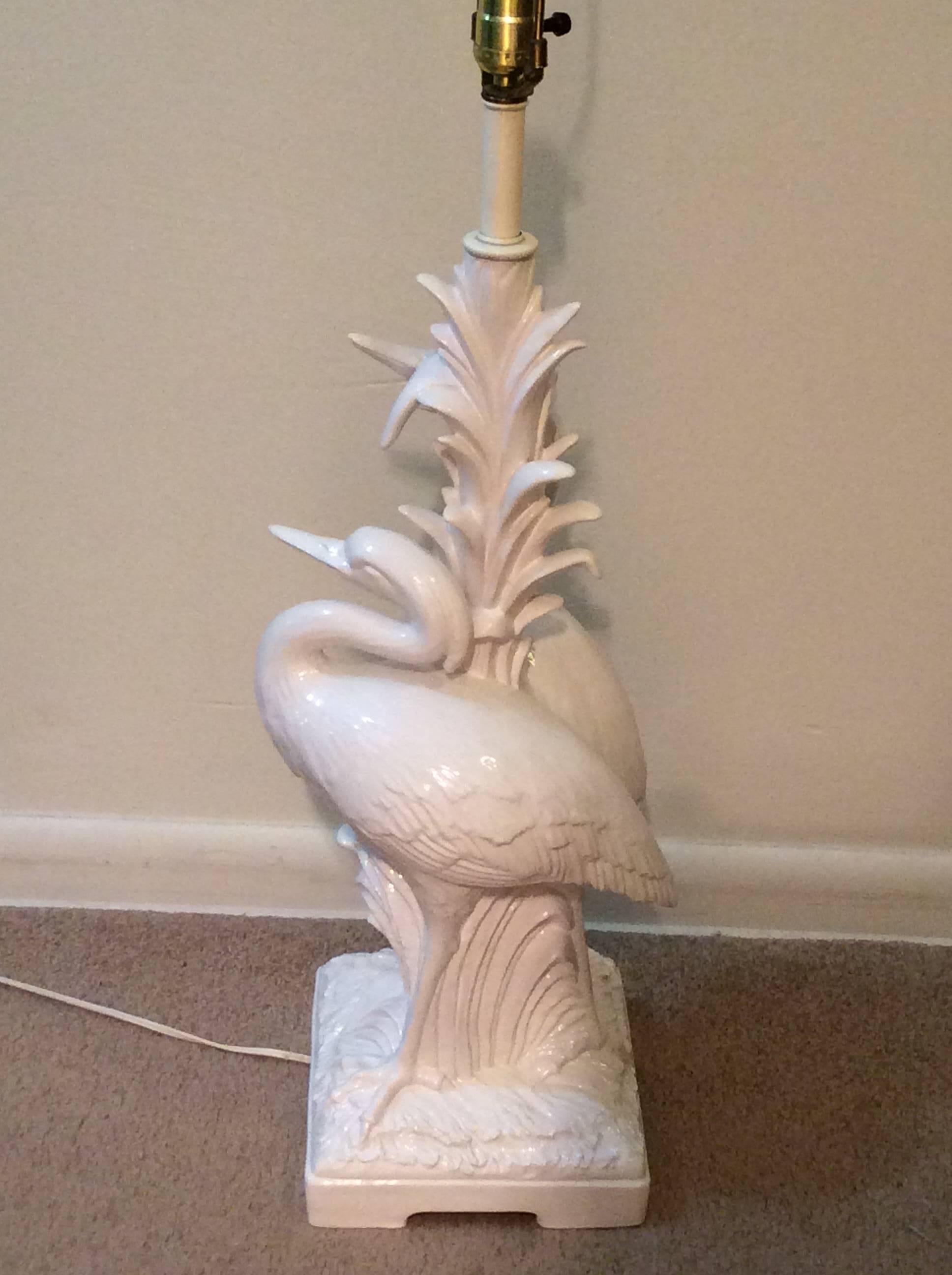 Italian White Heron Bird Table Lamp, Vintage Palm Beach Tropical Leaves, Italy 1
