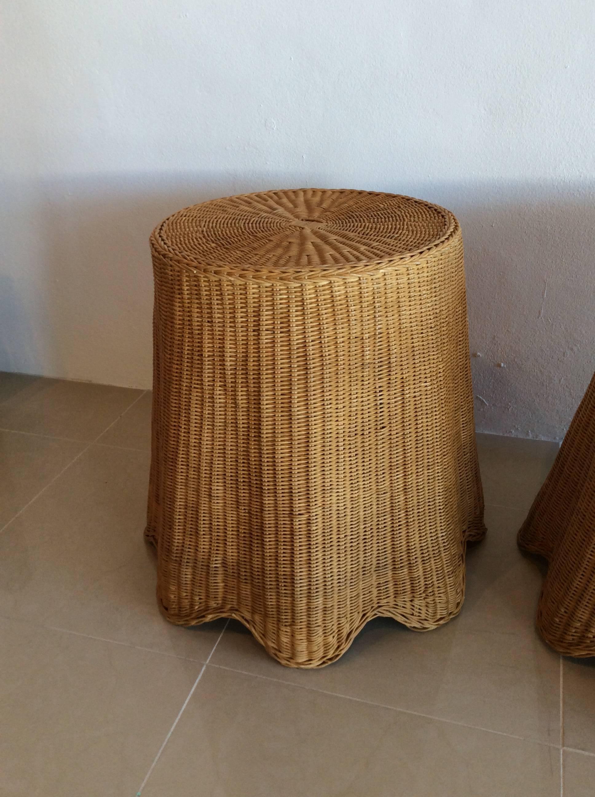 American Vintage Pair of Wicker Rattan Drapped Drape End Side Tables Palm Beach Tropical