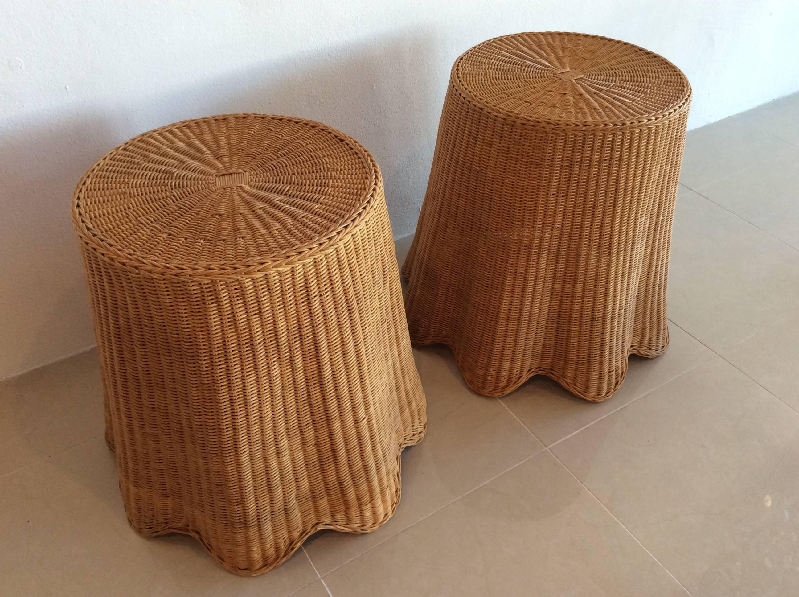 Hollywood Regency Vintage Pair of Wicker Rattan Drapped Drape End Side Tables Palm Beach Tropical